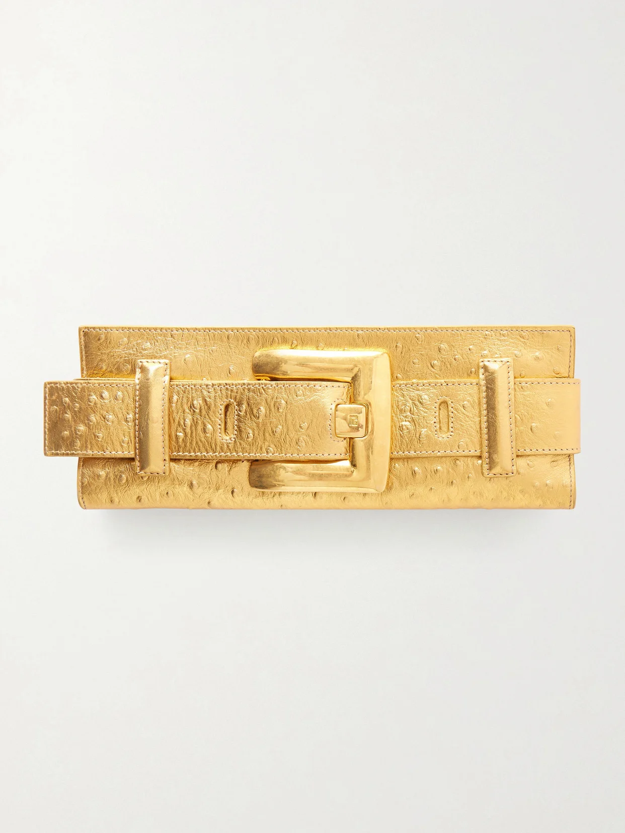 Anthem Buckled Ostrich-effect Metallic Leather Clutch - 1