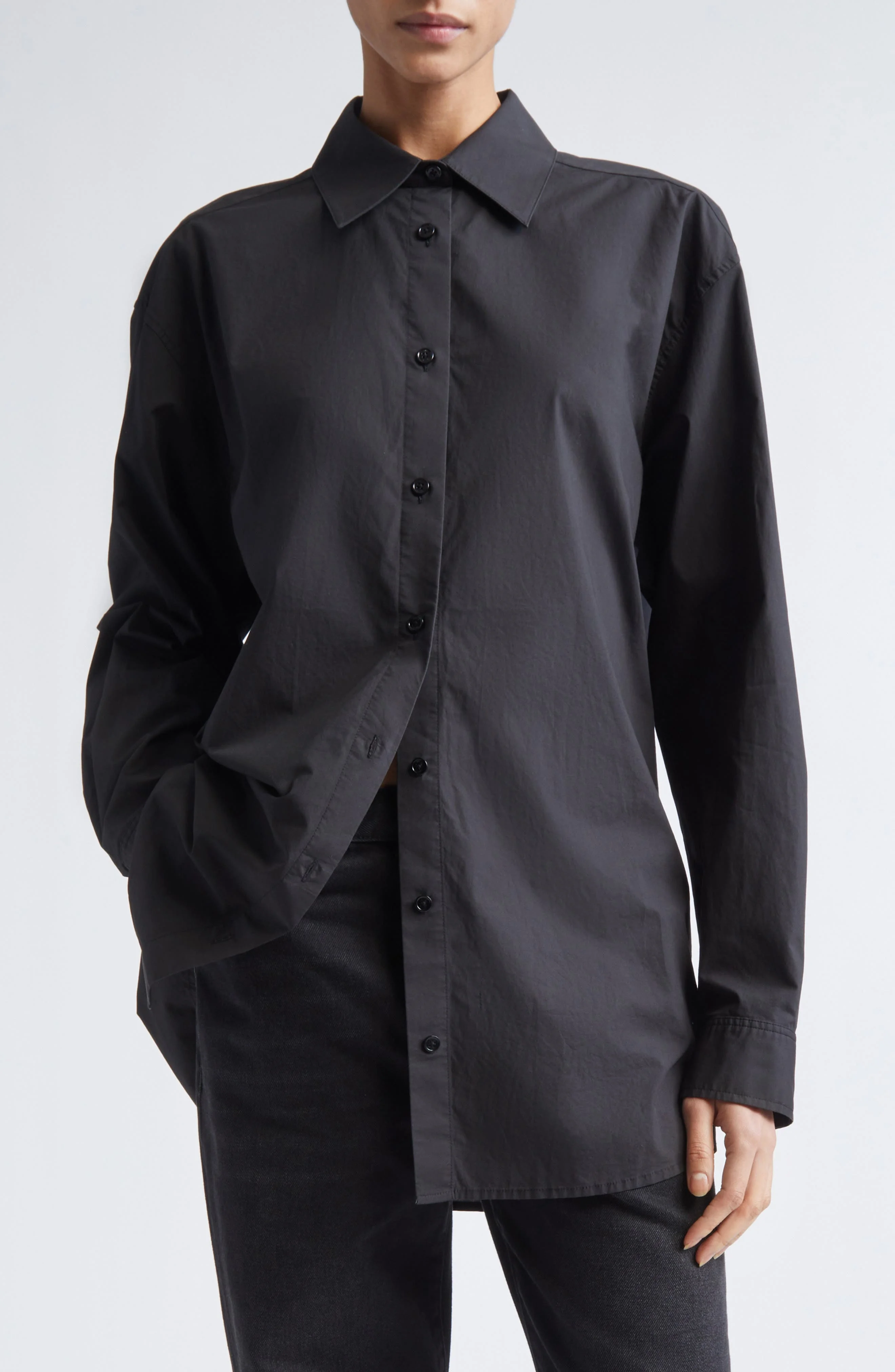 TOTEME Classic Tumbled Cotton Button-Up Shirt in Washed Black at Nordstrom - 1