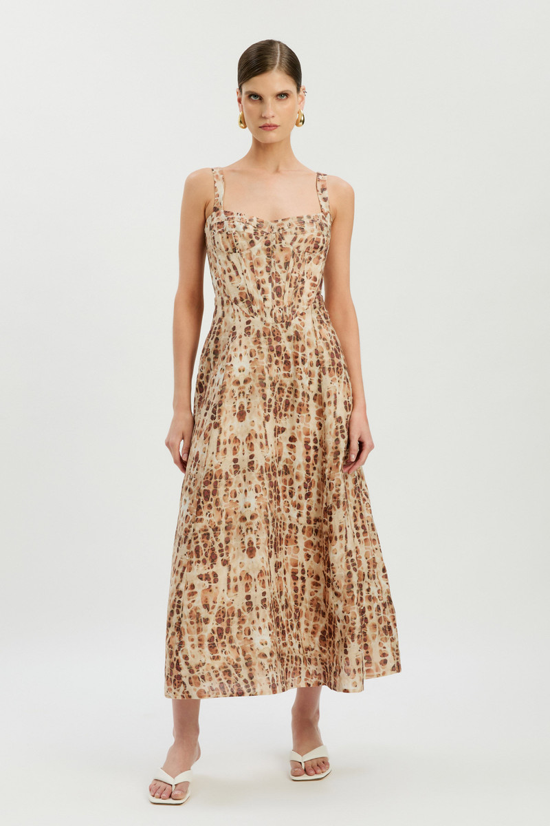 BARDOT Lilah Corset Midi Dress In Pebble Print outlook