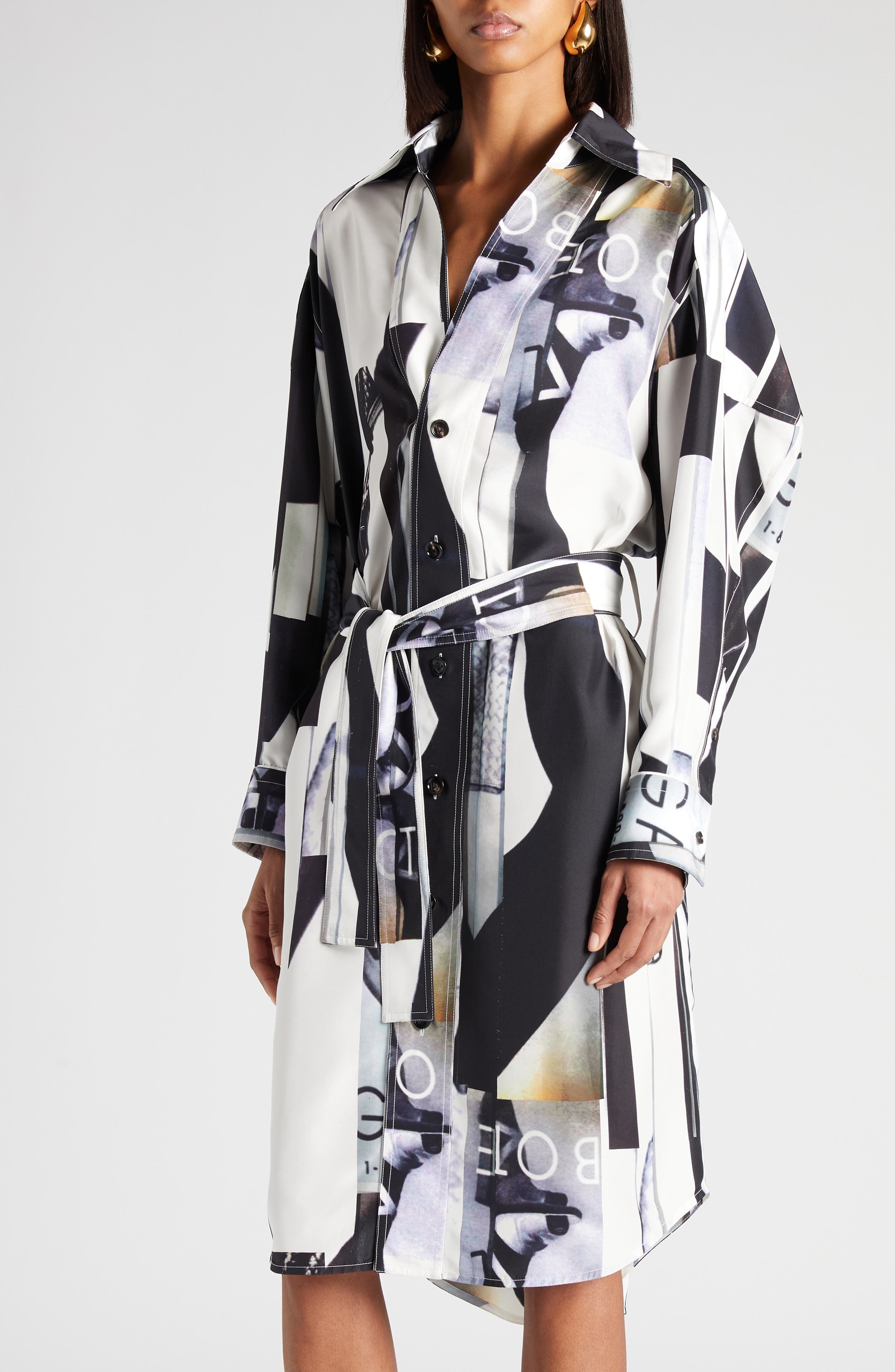 Bottega Veneta Print Long Sleeve Silk Shirtdress in 9060 Chalk/Black at Nordstrom - 4