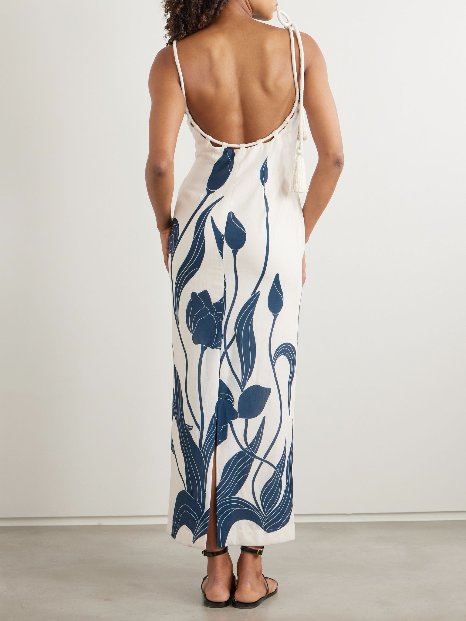 Pasos De Jardin floral-print linen midi dress Ivory - 3