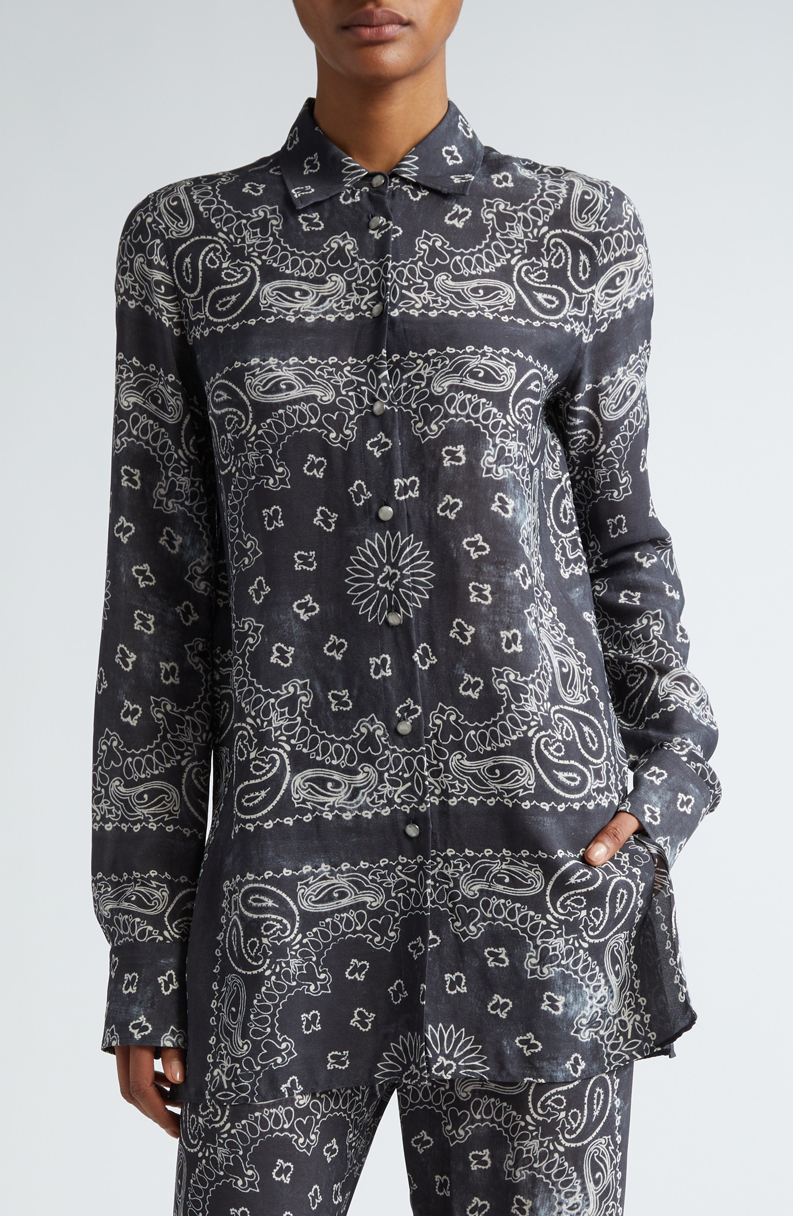 Paisley Print Oversize Button-Up Pajama Shirt - 1
