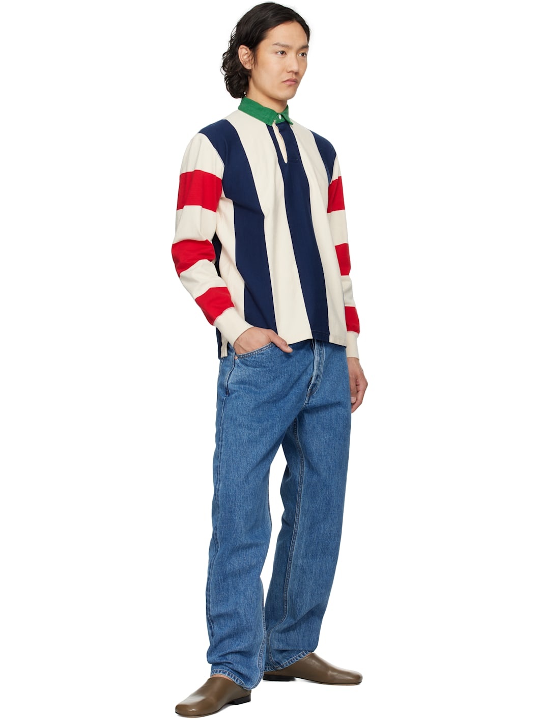 Off-White & Navy Vertical Block Stripe Cotton Rugby Polo - 4