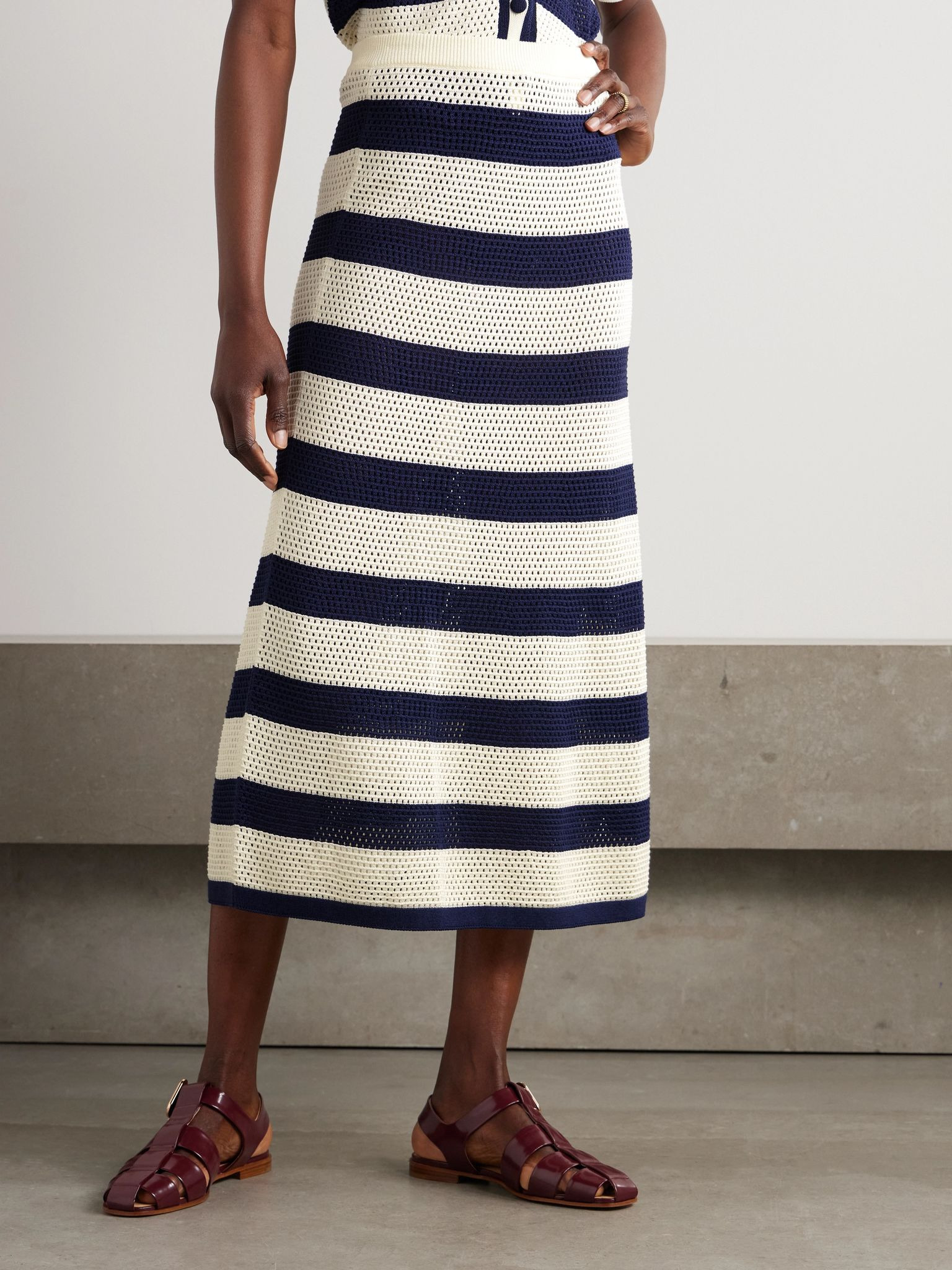 Bayadere Bateau striped open-knit cotton-blend midi skirt Blue - 3