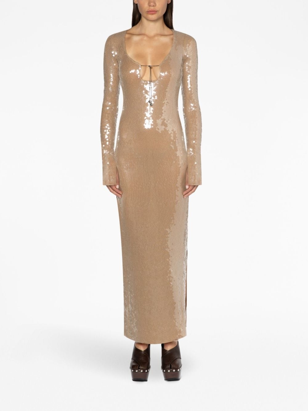 Euleta Sparkle & Chic: Sequin Embellished Long Sleeve Gown with Statement Cut-Outs