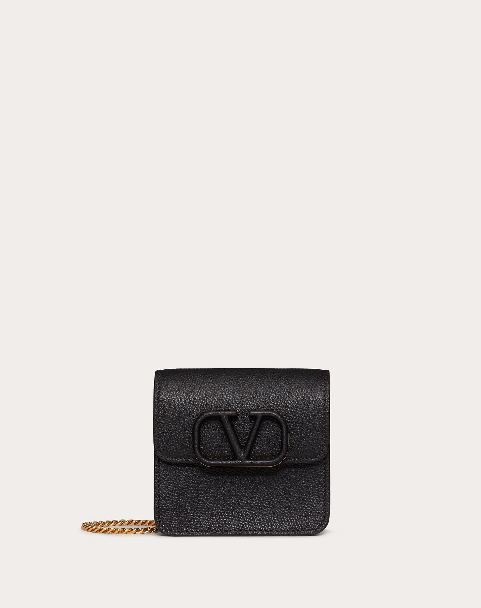 COMPACT VSLING GRAINY CALFSKIN WALLET WITH CHAIN STRAP - 1