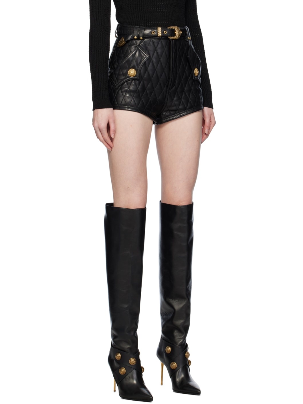 Black Quilted Leather Shorts - 2