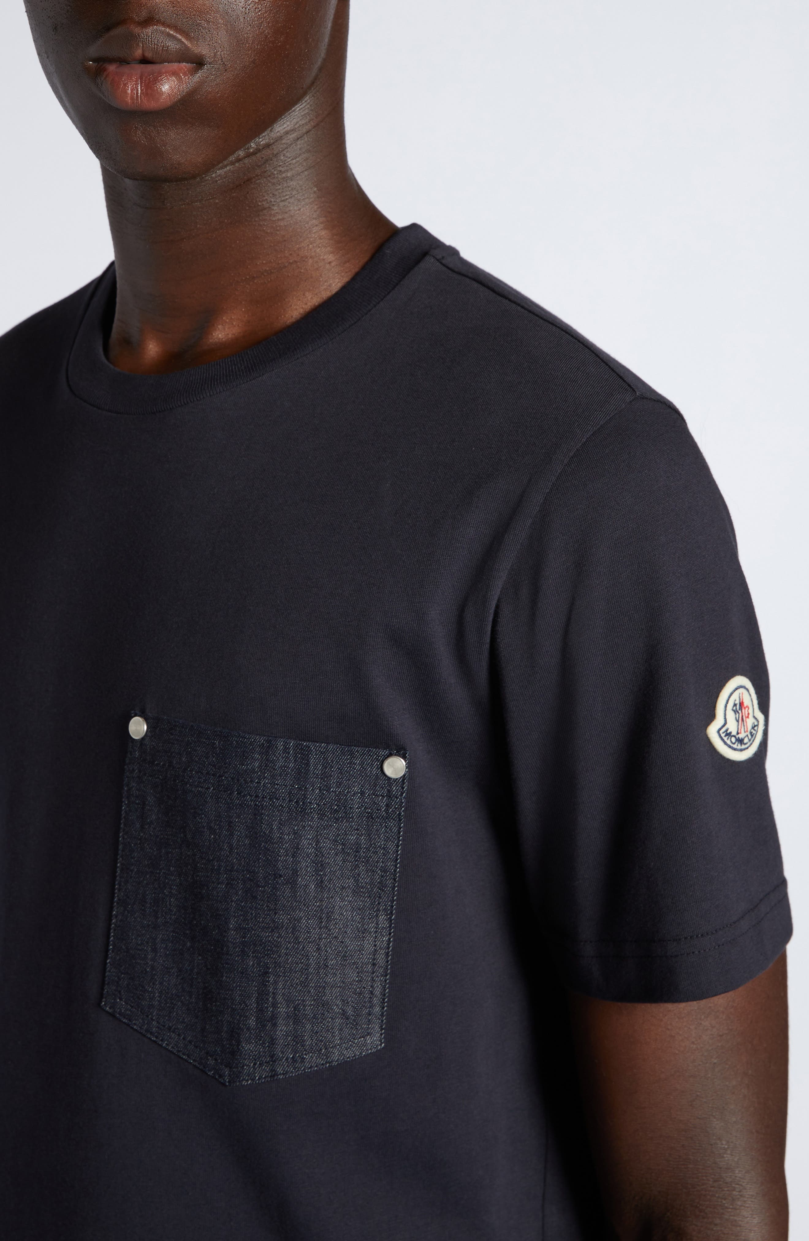 Moncler Stretch Denim Pocket Crewneck T-Shirt in Dark Navy Blue at Nordstrom - 4