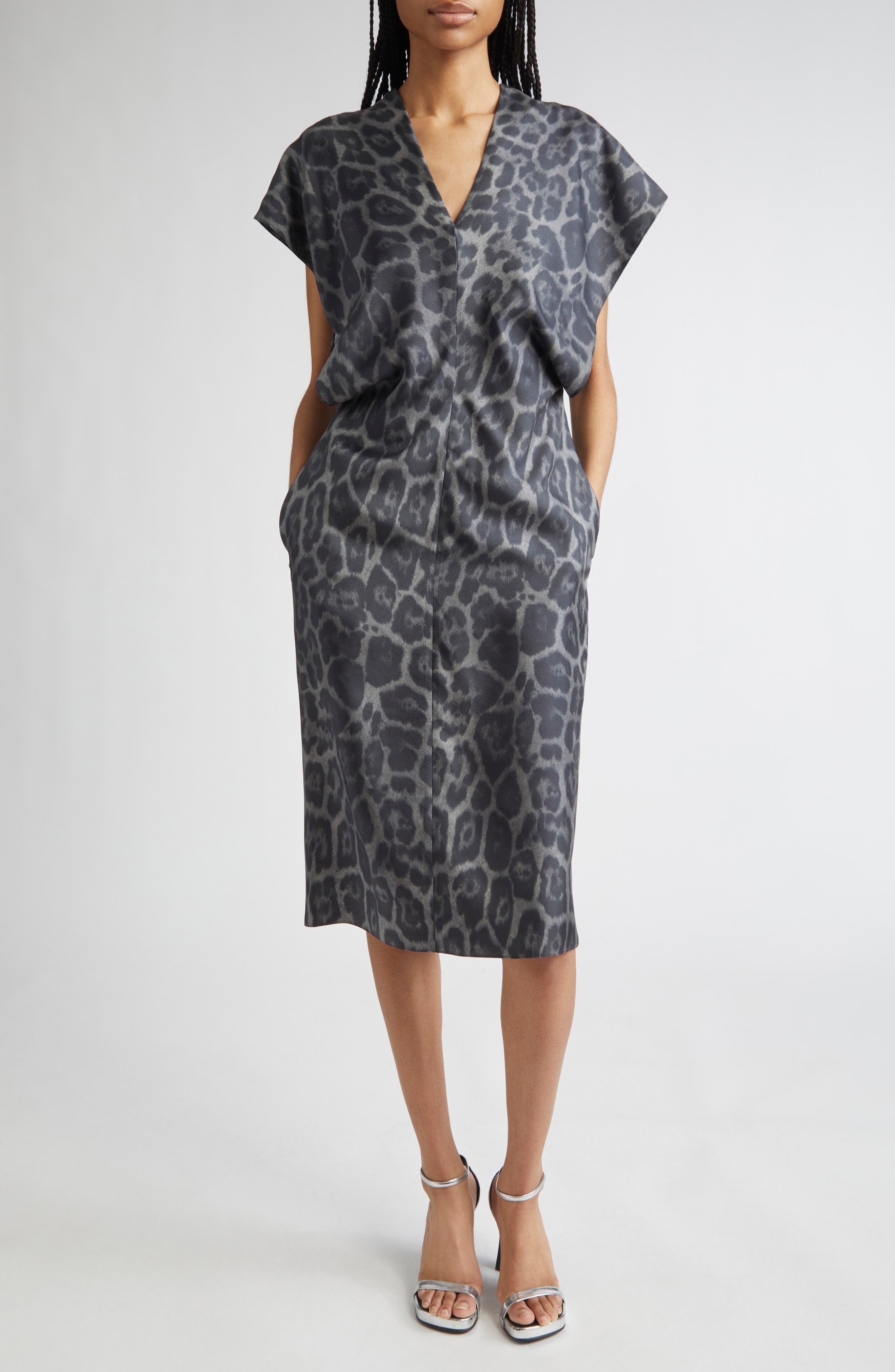Stella McCartney Leopard Print V-Neck Silk Midi Dress in 1230 - 1