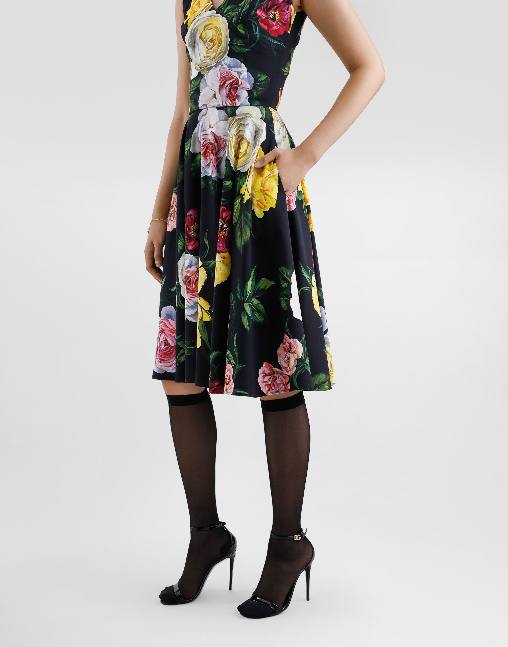 Peony and rose-print cady calf-length dress with circle skirt - 5