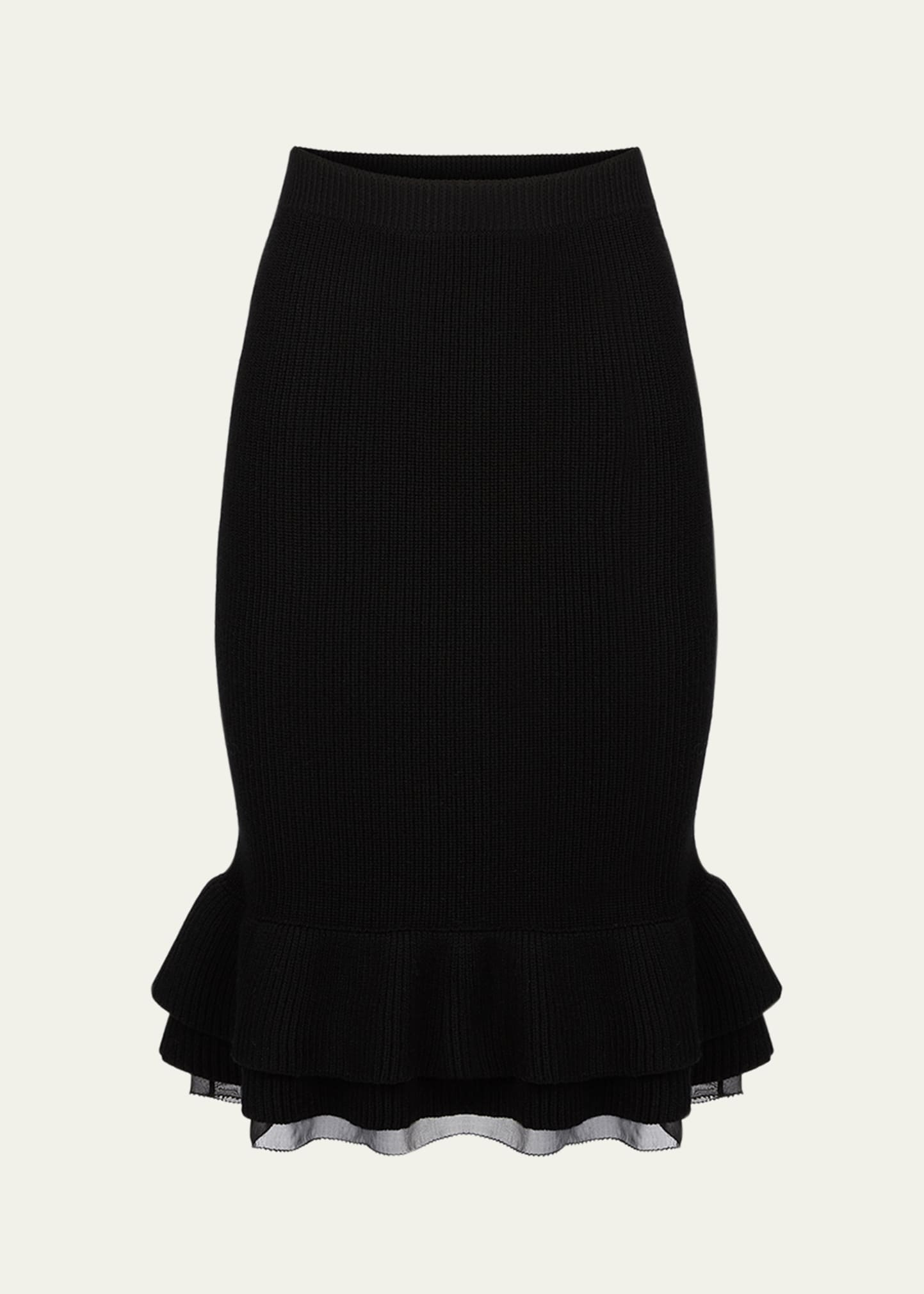 Layered Ruffle Knit Pencil Midi Skirt - 1