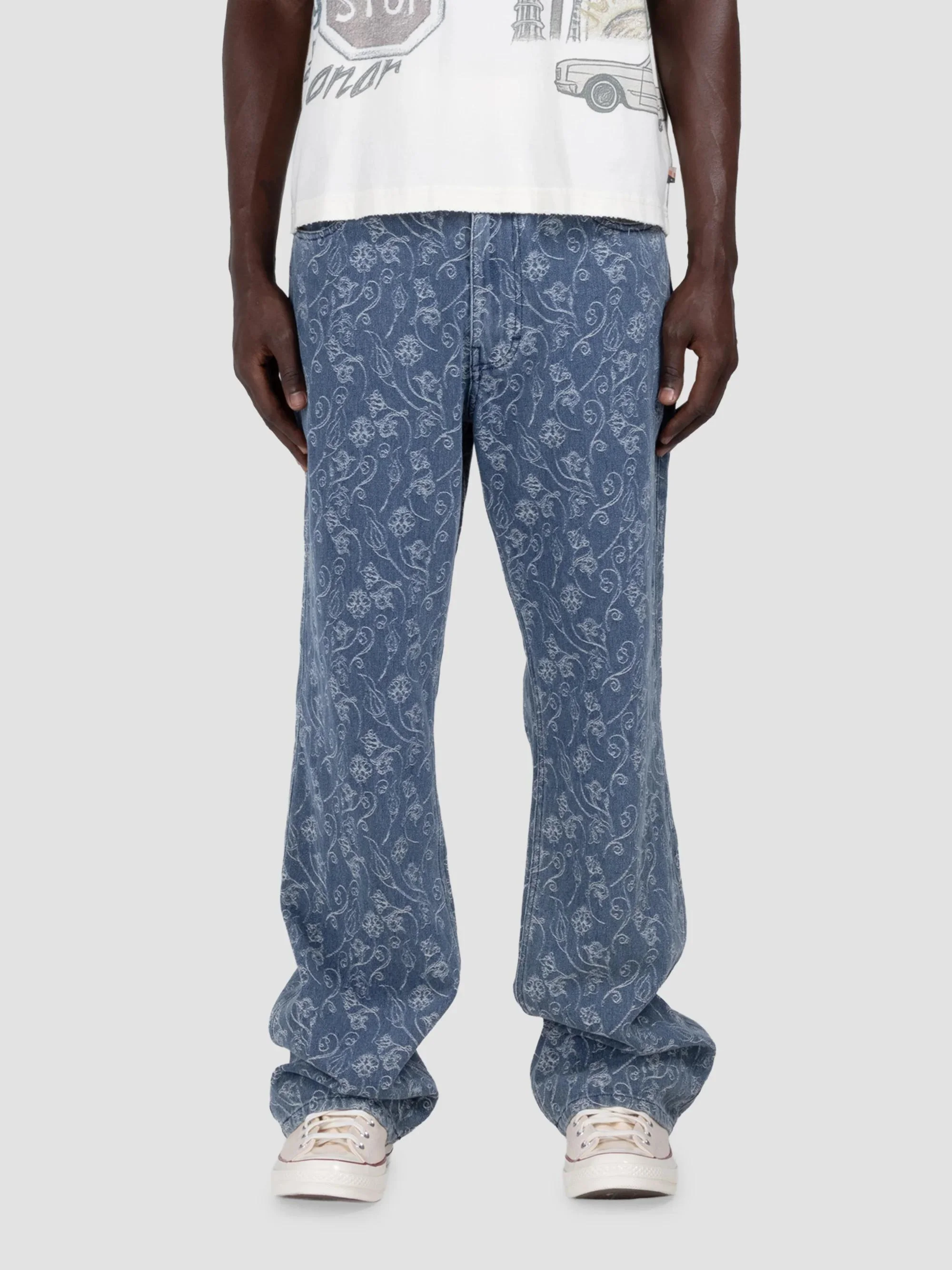 Men's Floral Jacquard Relaxed Jeans - Indigo - 1