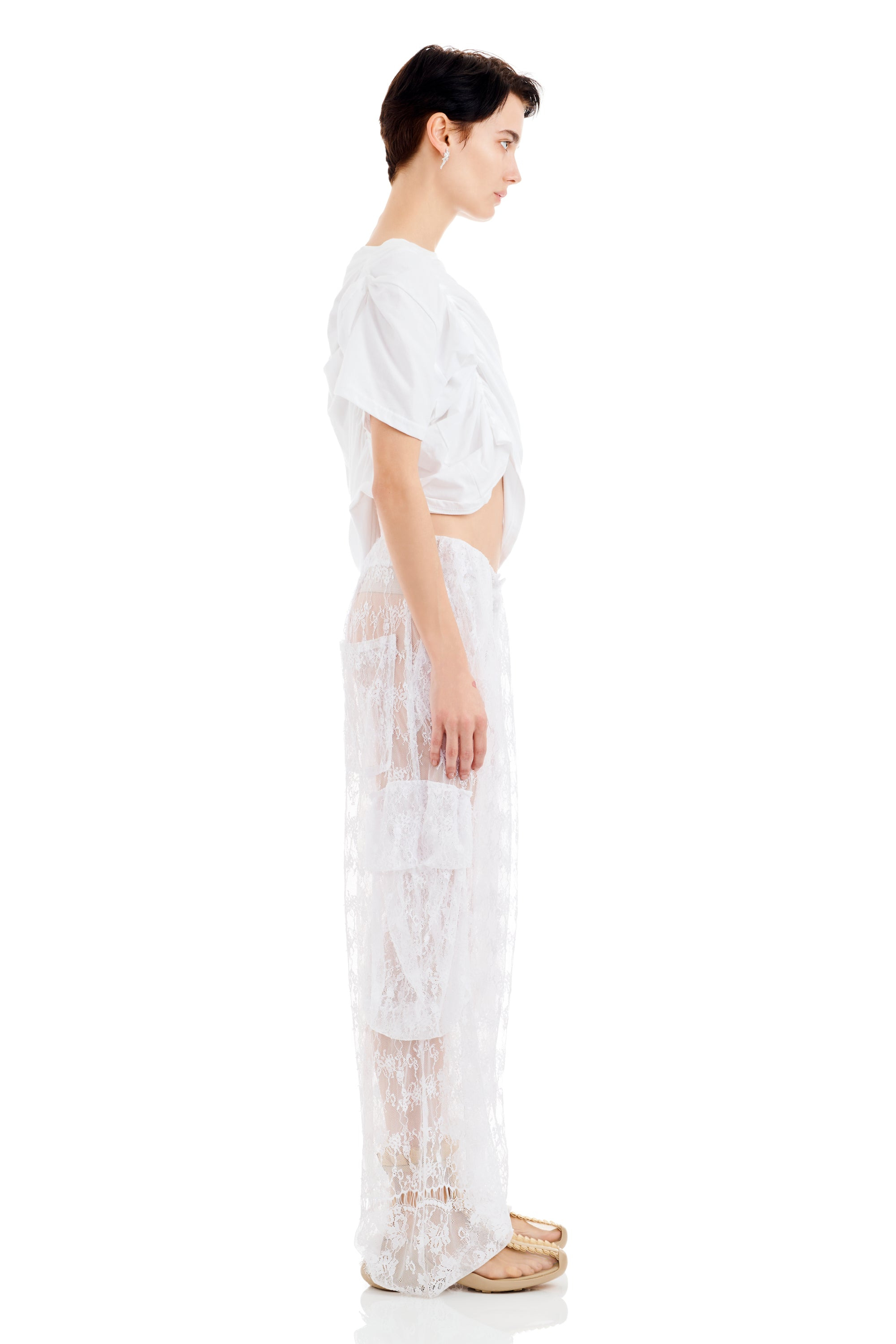WHITE LACE PLEATED CARGO PANT - 4