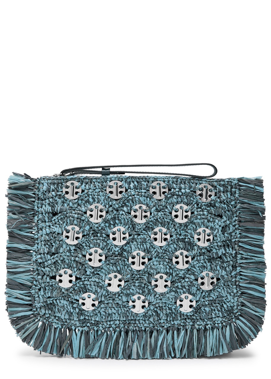 Rabanne Fringed Disc-embellished Raffia Pouch - 1