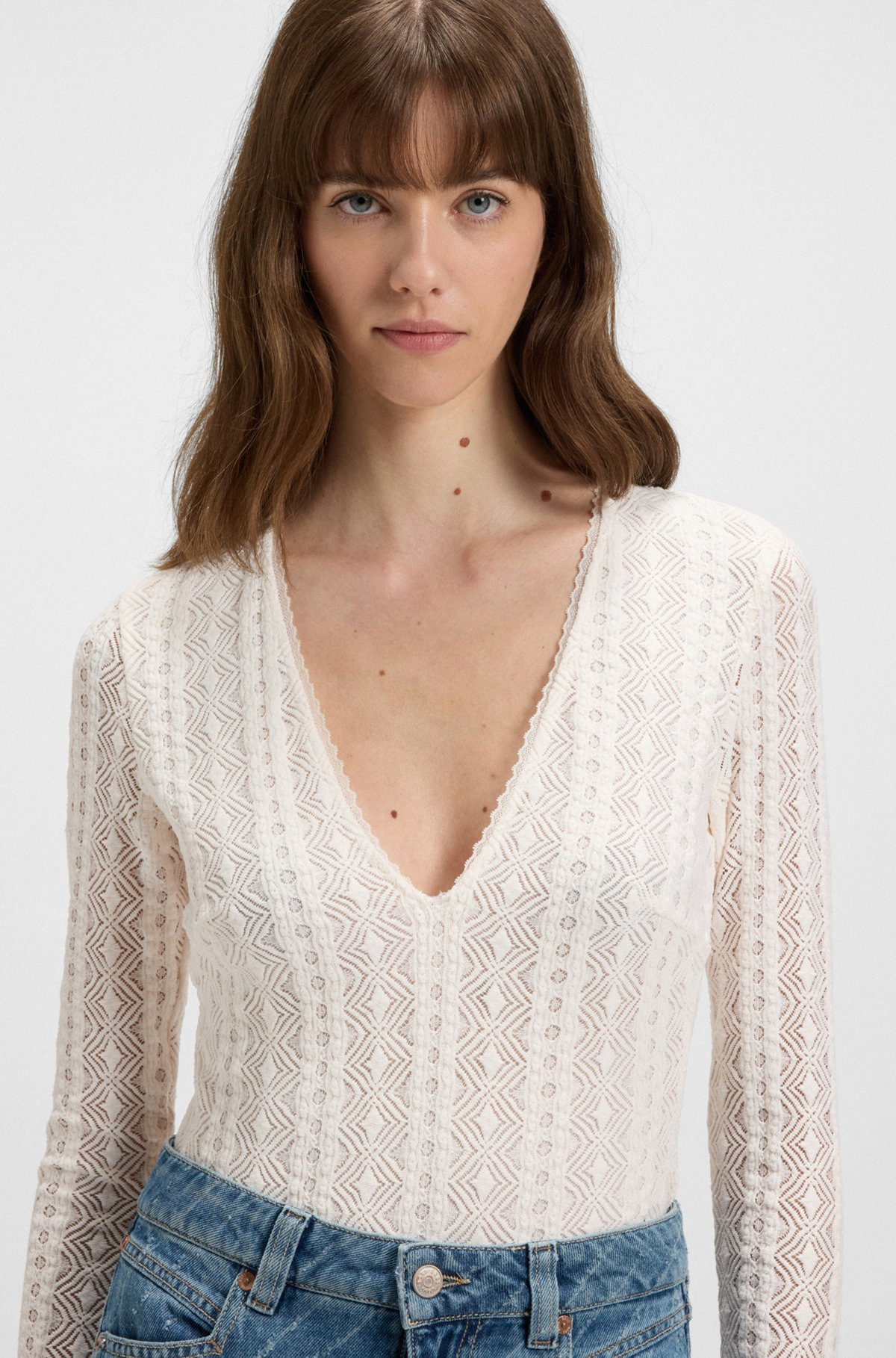 V-NECK BODYSUIT WITH EMBROIDERED STRUCTURE - 4