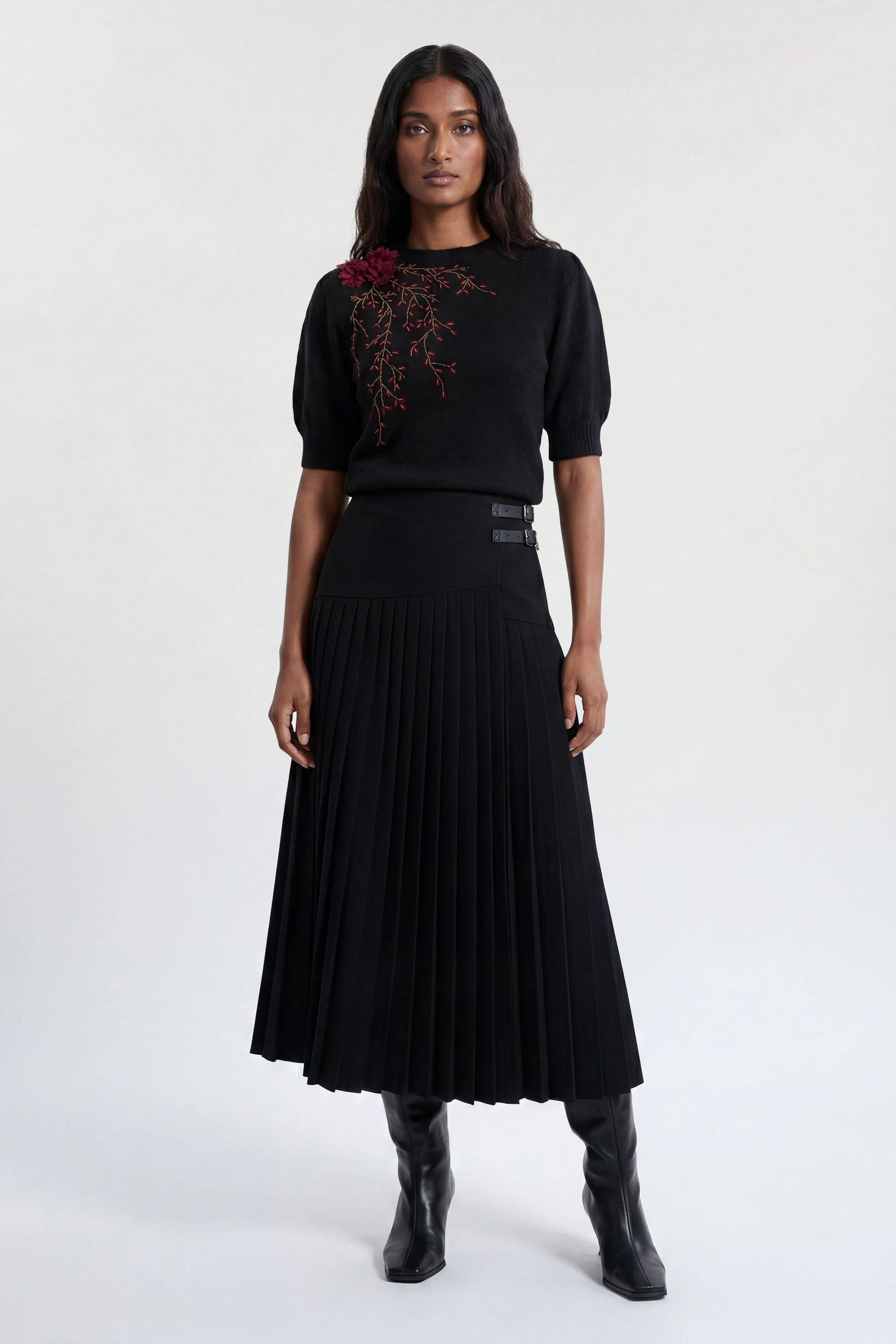Flower And Beaded Puff Sleeve Knit Tee - 1