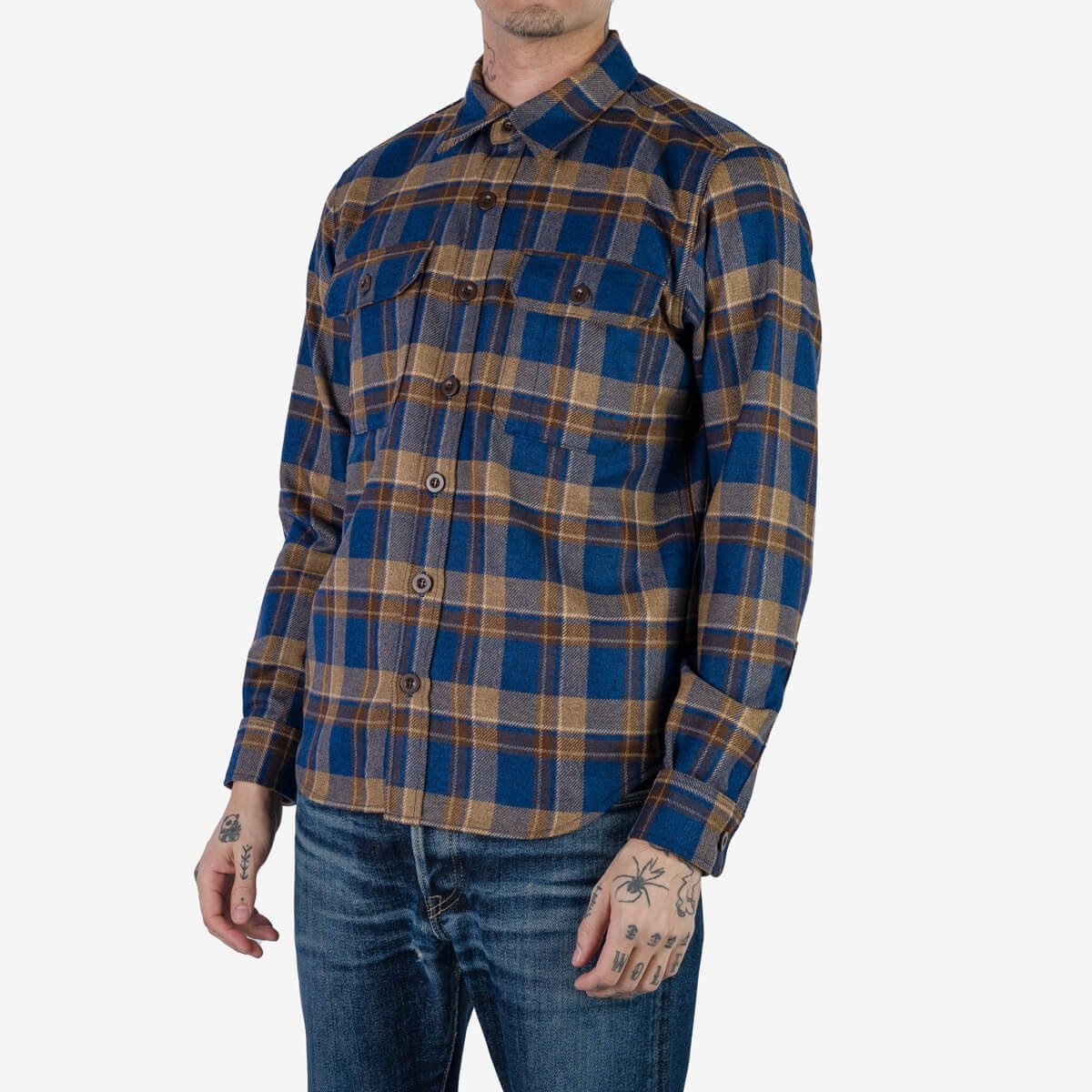 IHDR-434-DTC 14oz Fox Brothers® West Of England Devon Twill Check Flannel CPO Shirt - Blue - 2