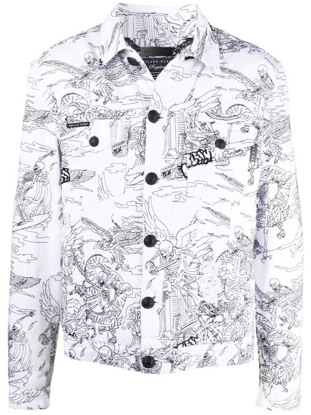 skeleton-tattoo print denim jacket - 1