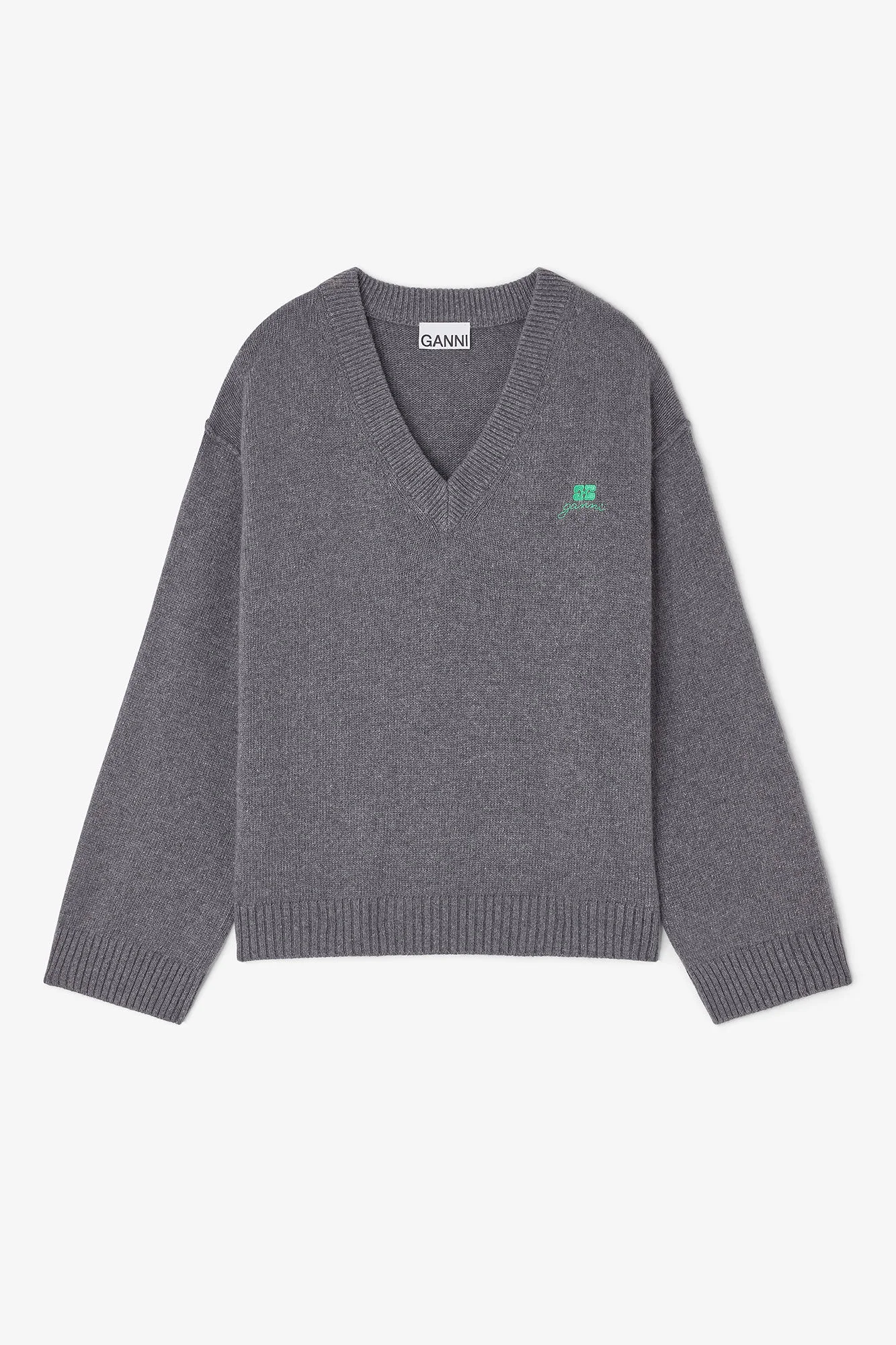 GREY WOOL MIX V-NECK SWEATER - 1