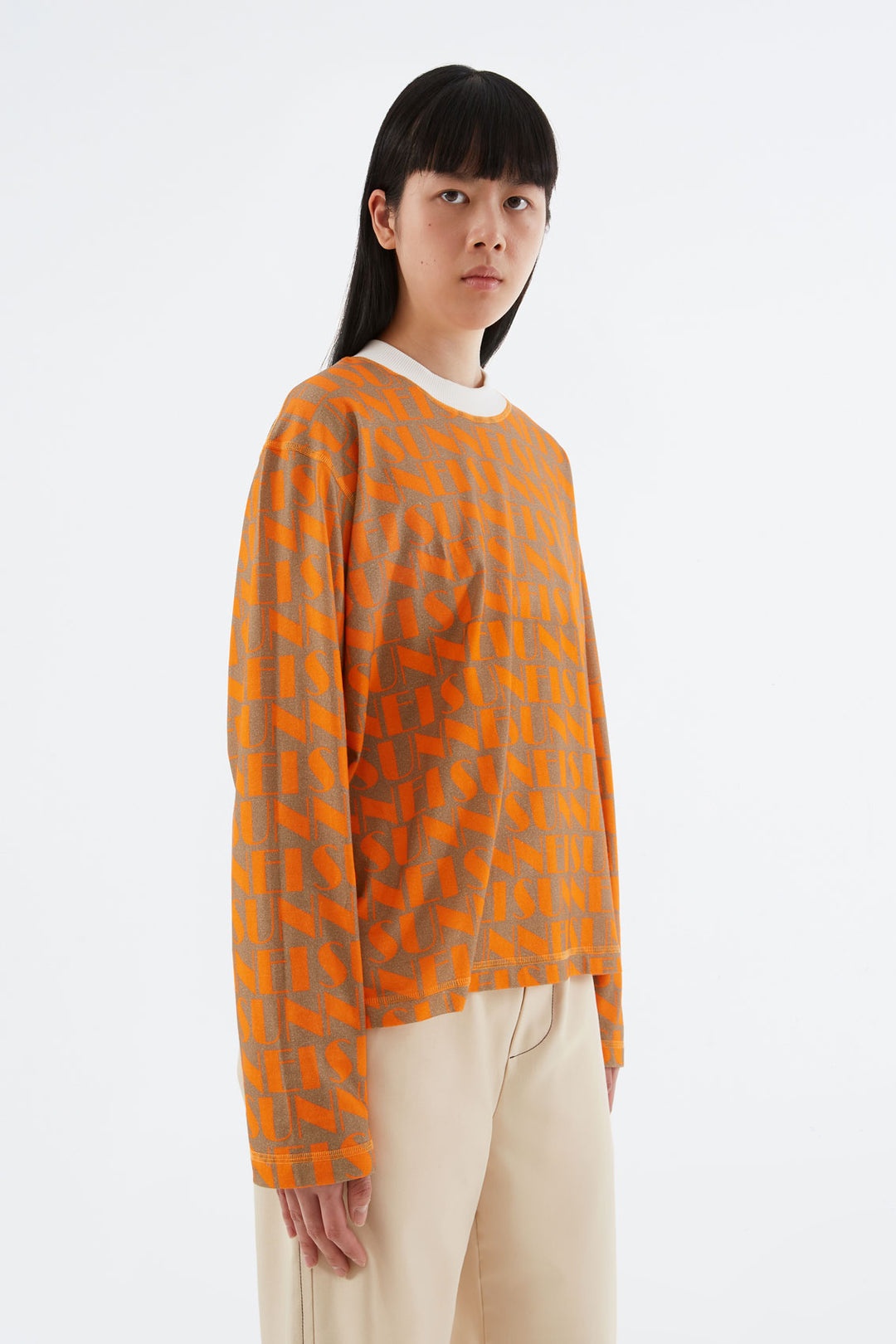 REVERSIBLE ORANGE & BEIGE LOGO LONG-SLEEVED T-SHIRT - 5