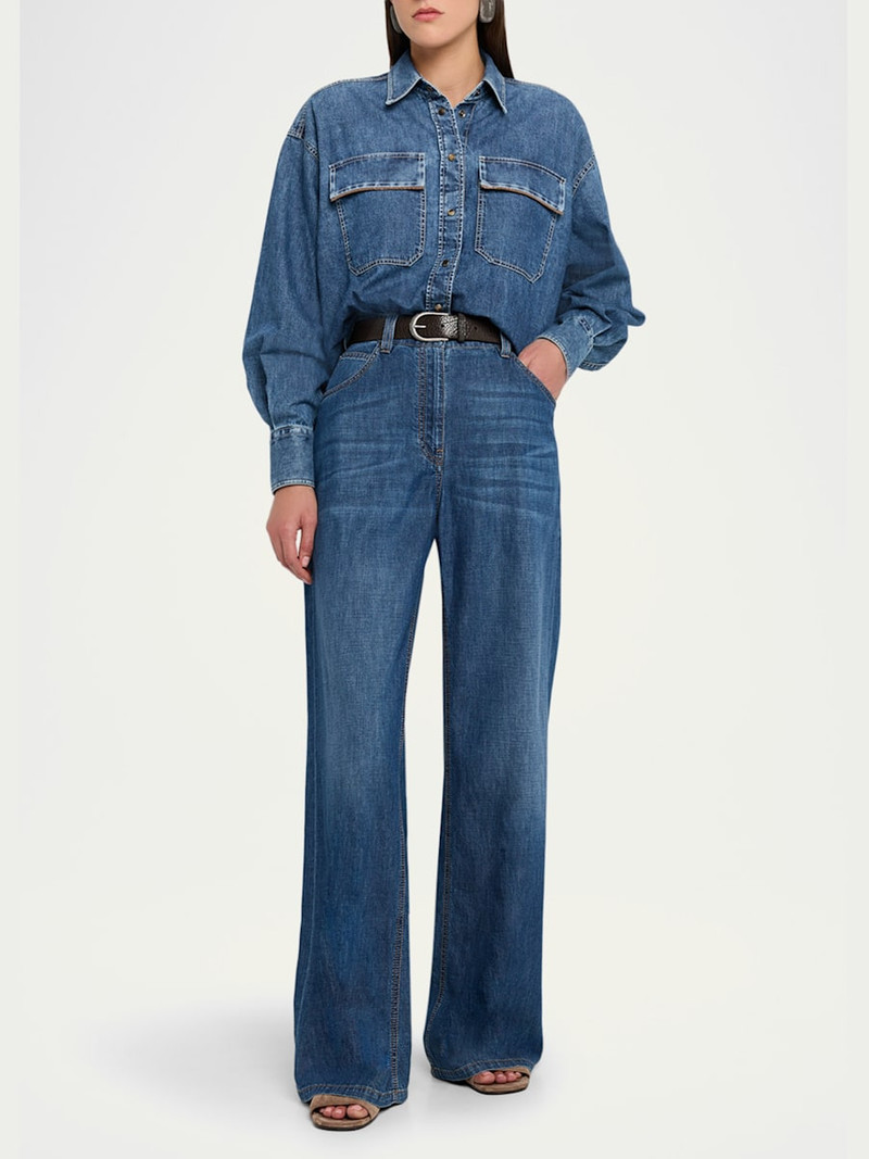 Brunello Cucinelli Lightweight Denim Wide-Leg Jeans With Monili Trim outlook