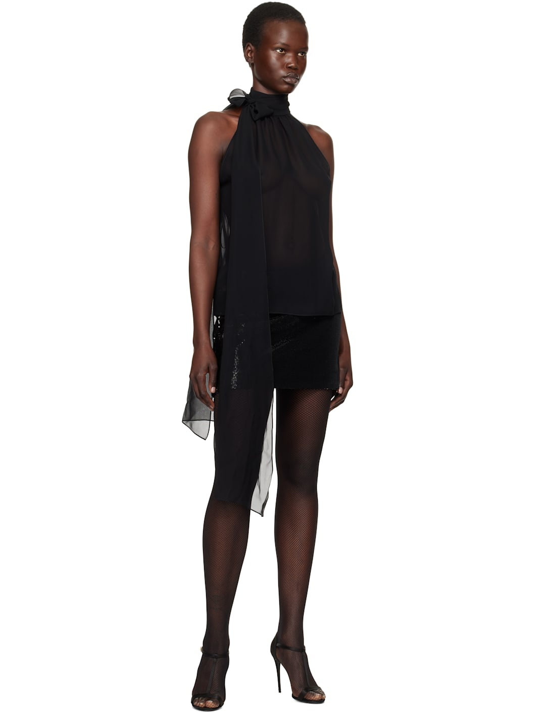 Black Silk Georgette Sleeveless Lavalliere Blouse - 5