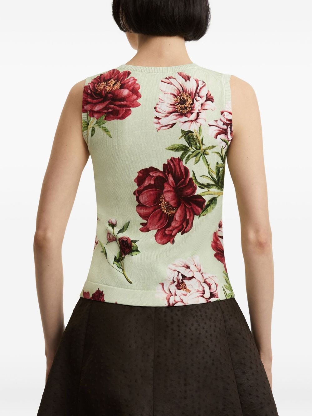 peony-print sleeveless knitted top - 4