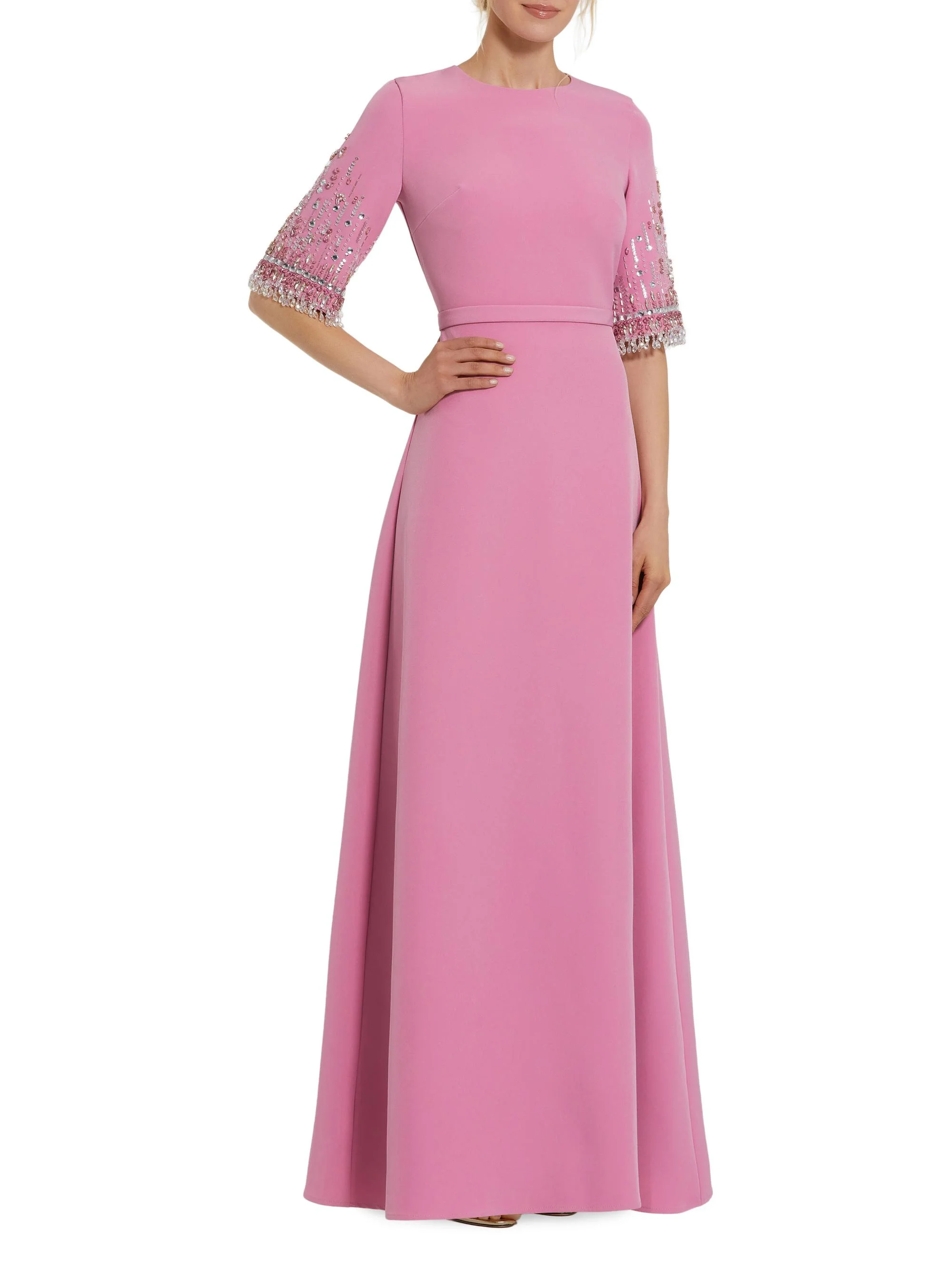 Women's Crêpe Beaded-Sleeve A-Line Gown - Rose - 1