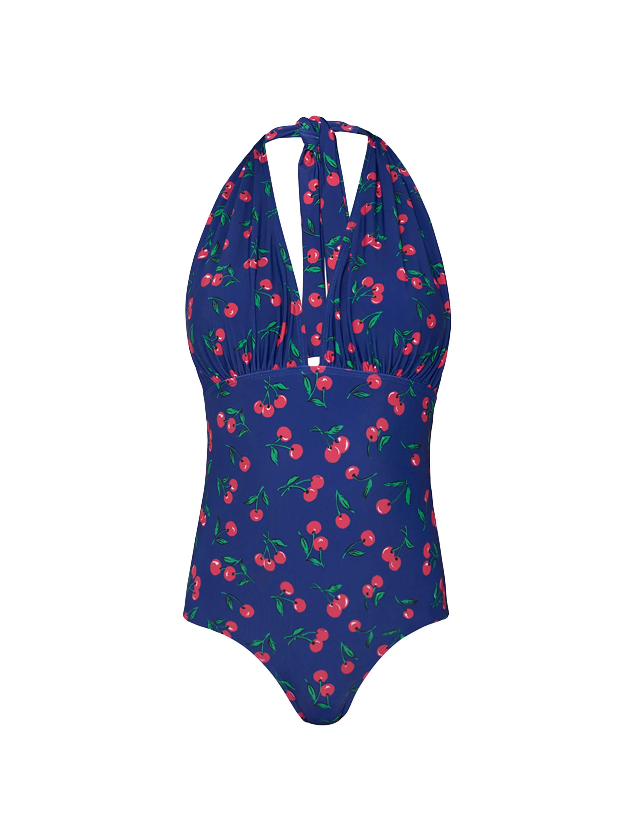 Women's Cherry Print Halterneck One-Piece Swimsuit - Navy Red Green - 1