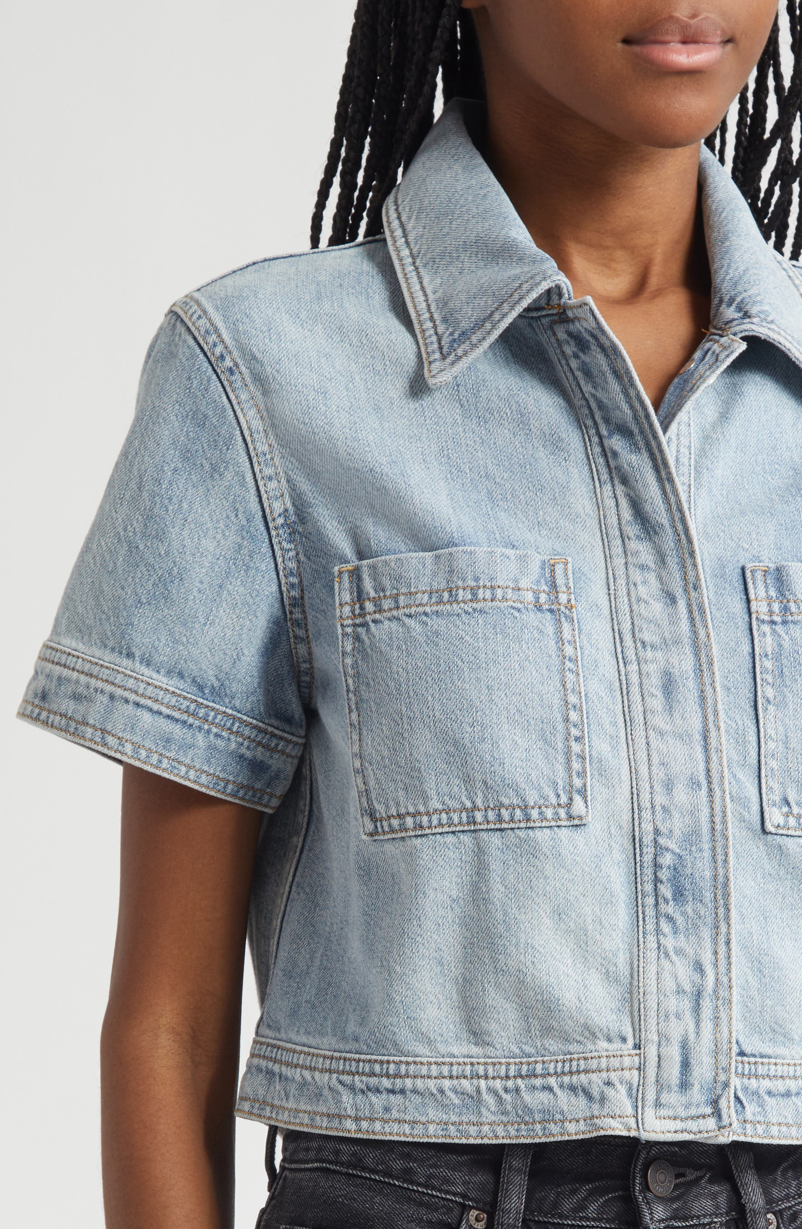 Alice + Olivia Tesha Crop Denim Button-Up Shirt in Rockstar Blue at Nordstrom - 4