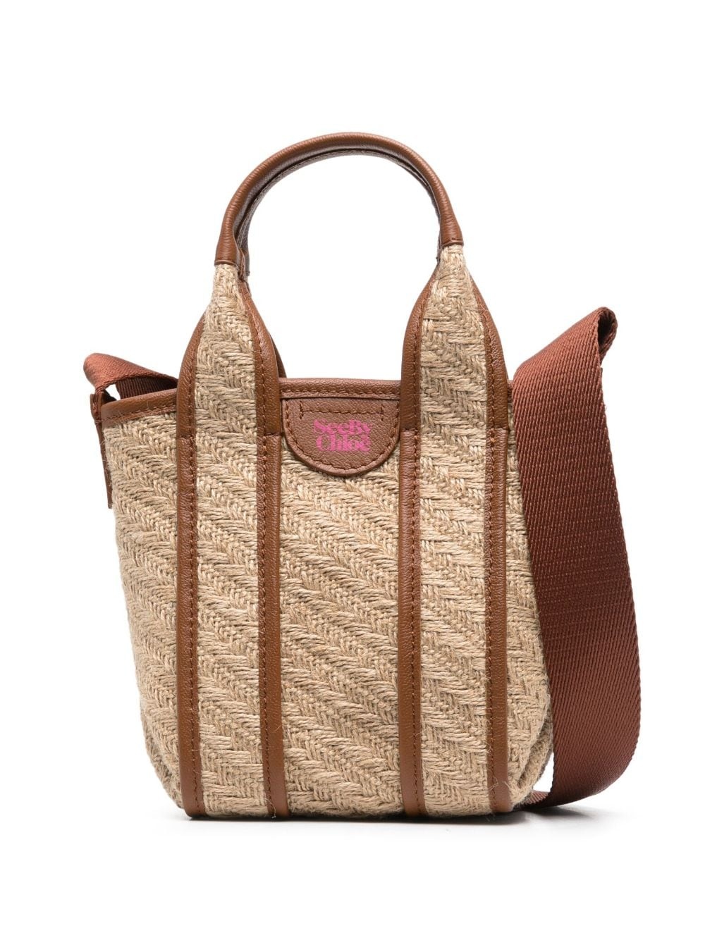 leather-trimmed jute tote bag - 1