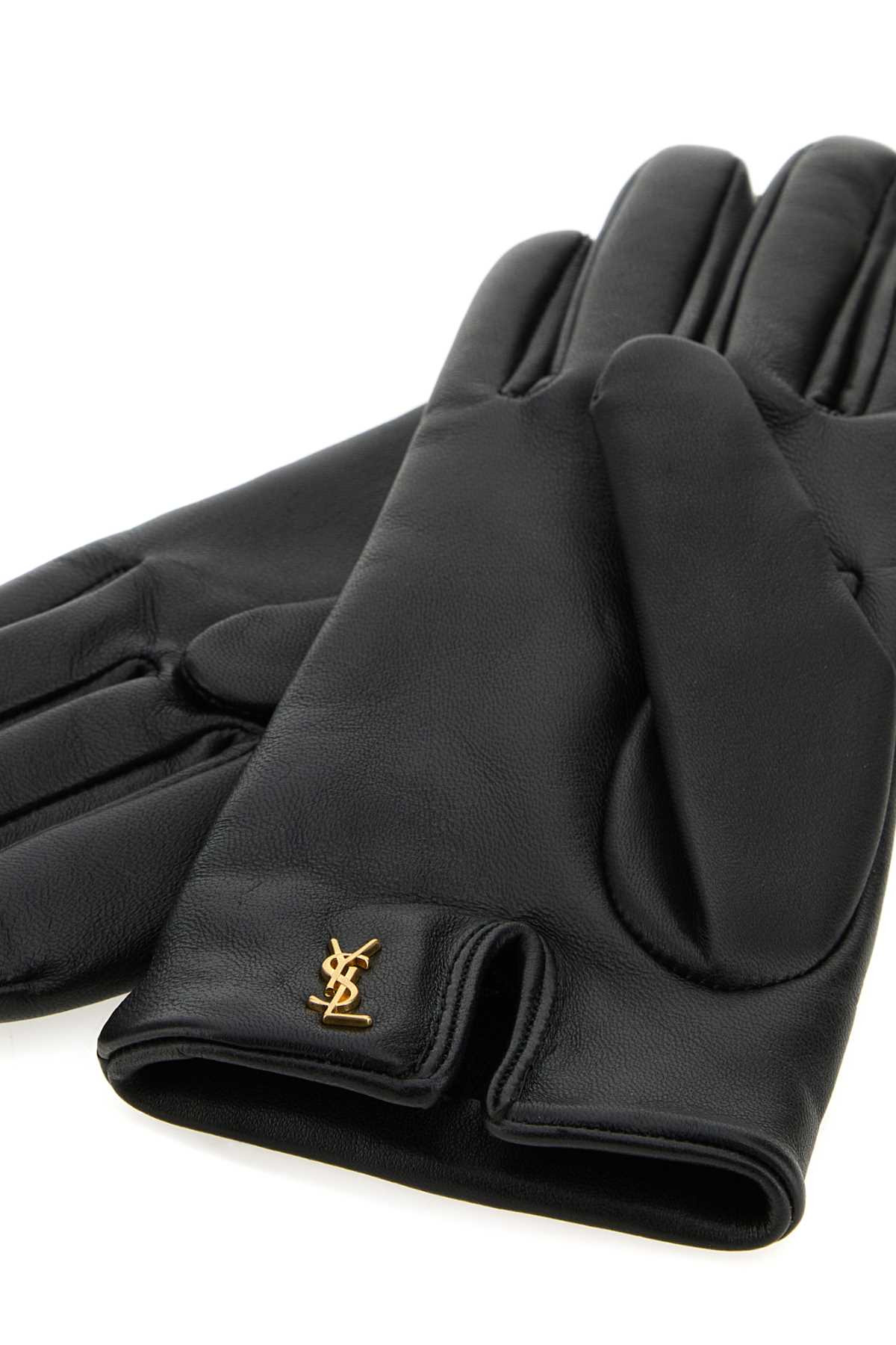 Saint Laurent Women Black Leather Cassandre Gloves - 2