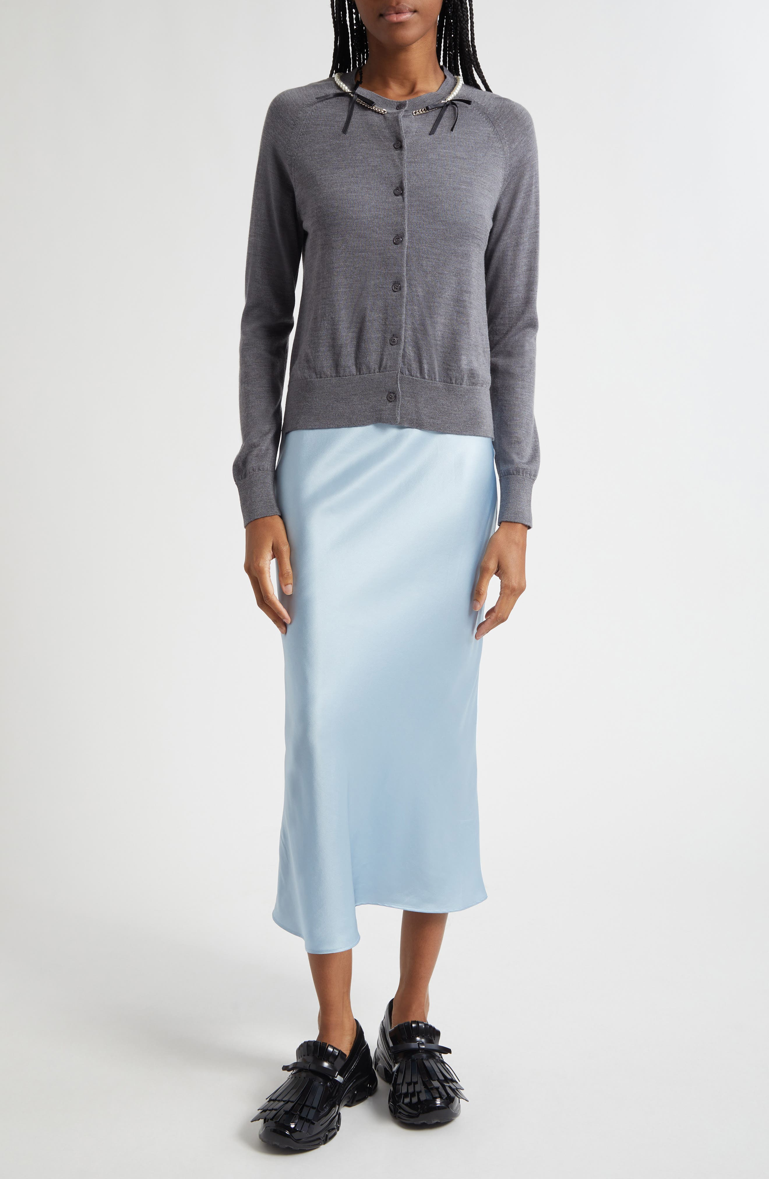 Simone Rocha Classic Long Sleeve Merino Wool & Silk Cardigan with Faux Pearl Detail in Charcoal/Pear - 2