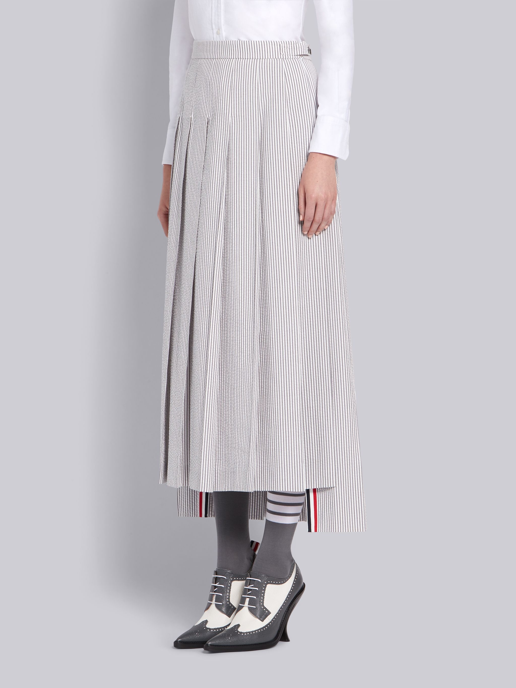 Medium Grey Seersucker Trouser Length Pleated Skirt - 2