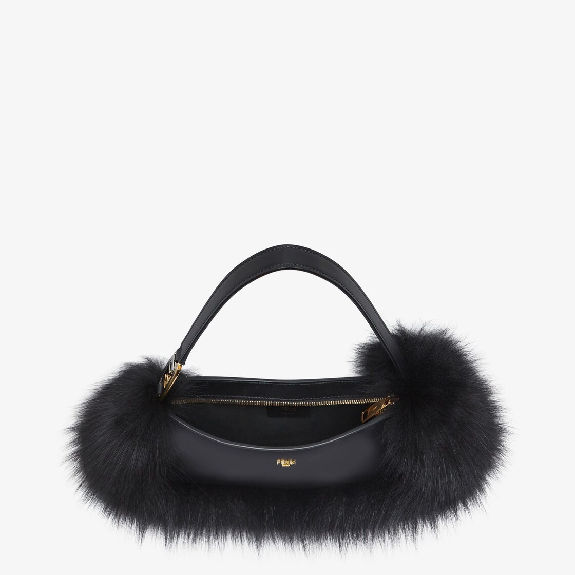 Pouch made of black leather, embellished with tone on tone fox fur and decorated with Fendi Roma let - 4