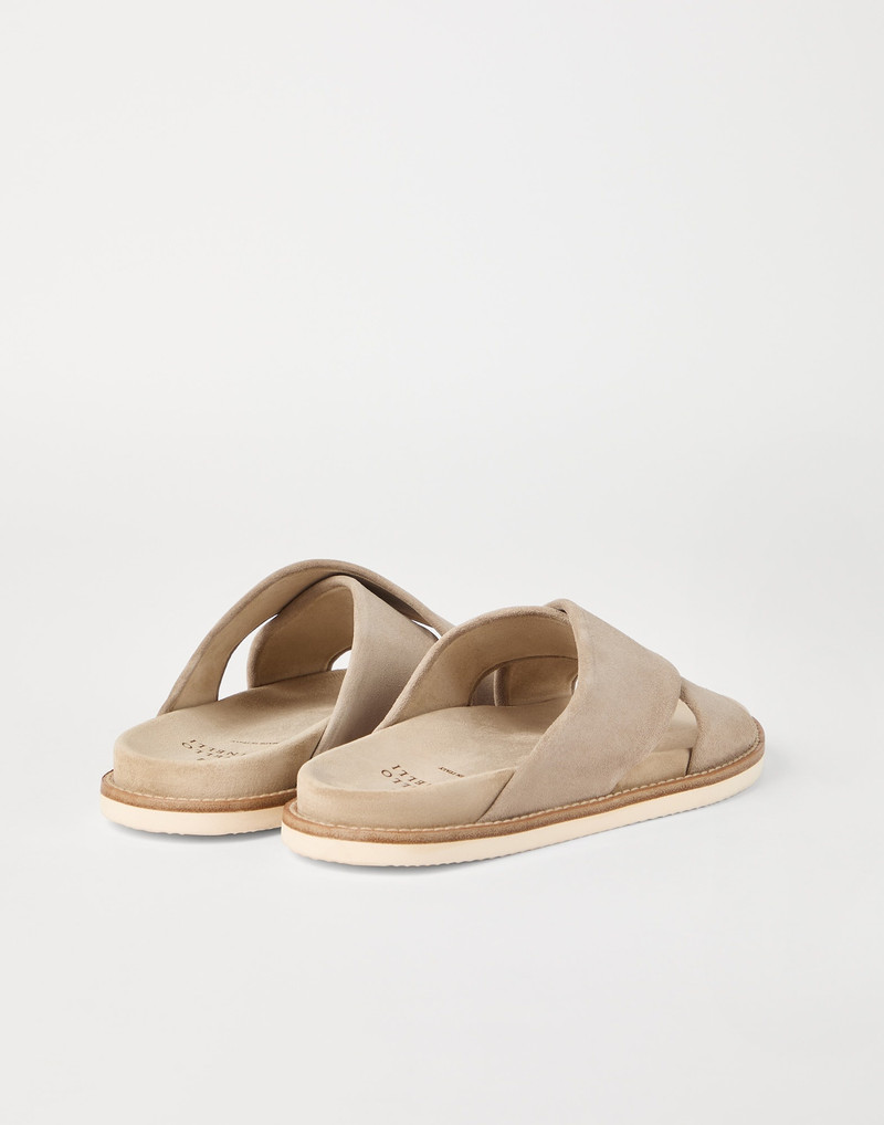 Brunello Cucinelli Washed suede cross-over slides outlook