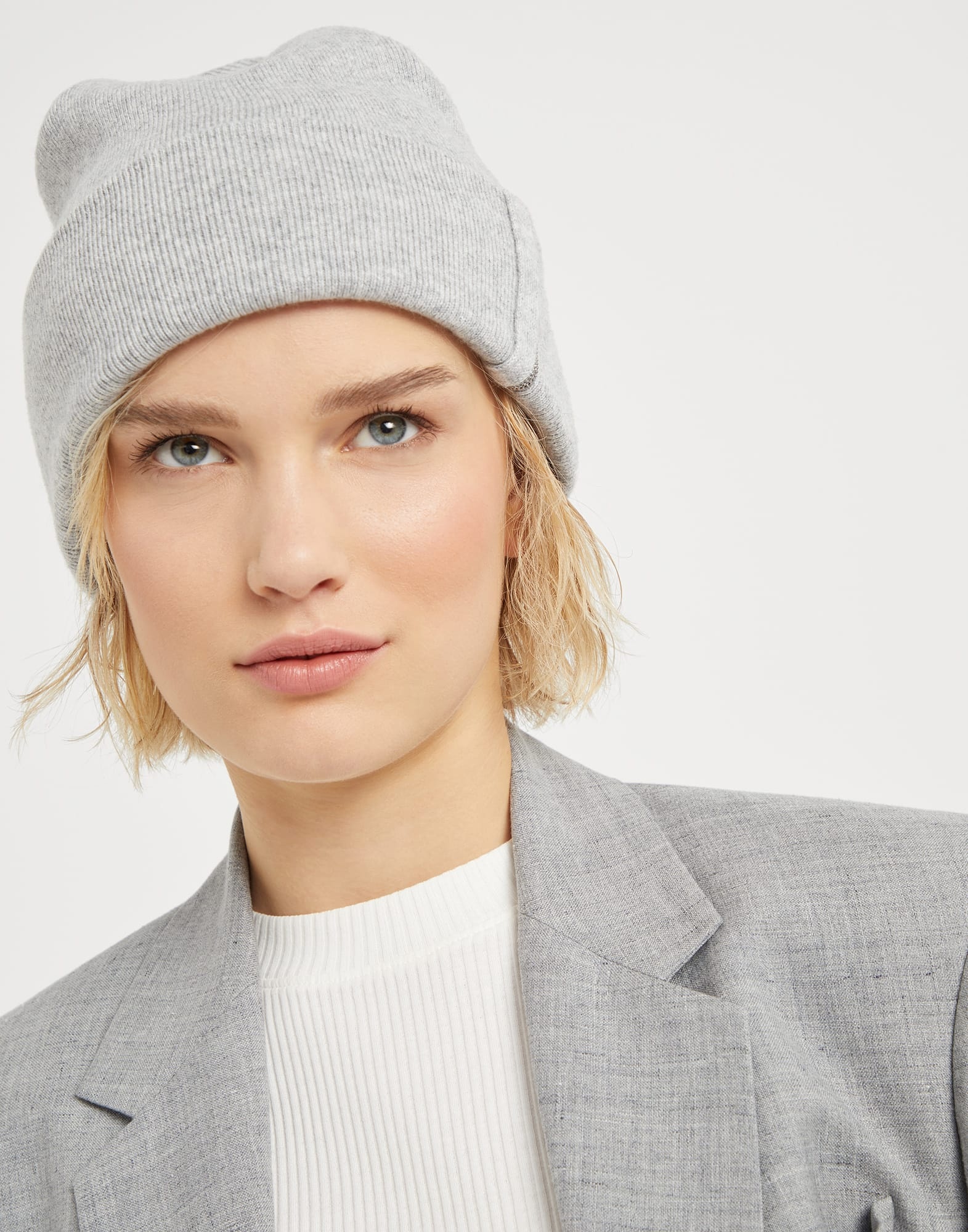 Cashmere rib knit beanie with monili - 3