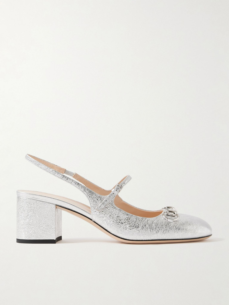 Lady horsebit-detailed metallic crinkled-leather Mary Jane pumps Silver 1