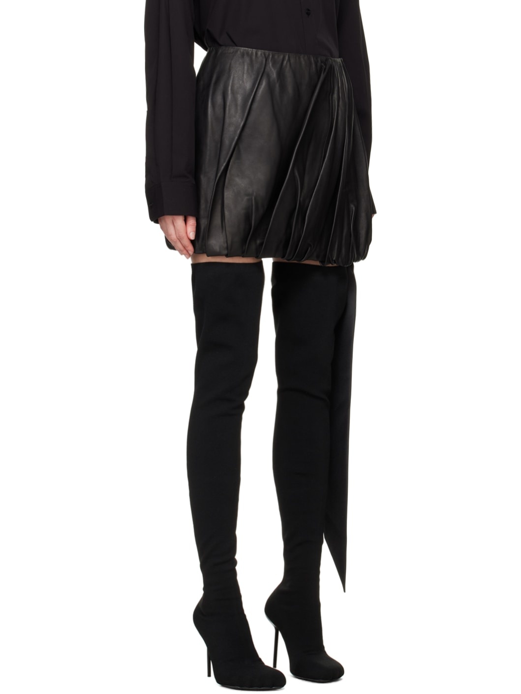 Black Ballooned Leather Miniskirt - 2