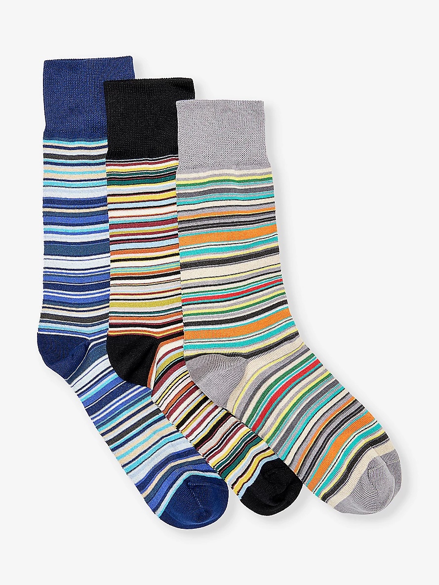 Signature stripe-pattern pack of three cotton-blend knitted socks - 1