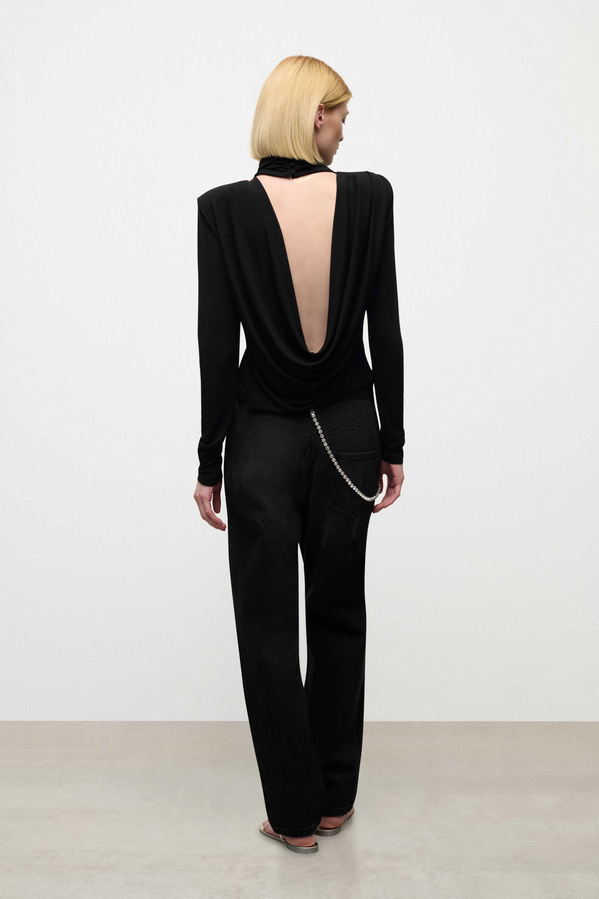 CRYSTAL CLUSTER DRAPED LONG SLEEVE OPEN BACK TOP - 5