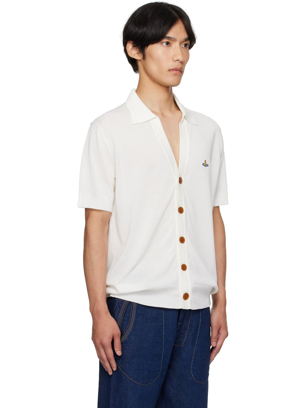 White Cotton Polo Cardigan - 2