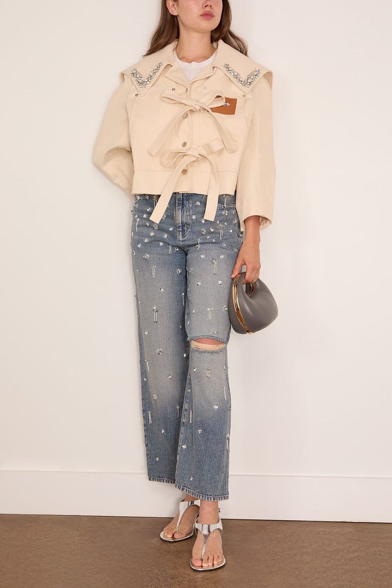 Simone Rocha Cropped Sailor Collar Workwear Bow Jacket in Ecru/Pearl/Clear outlook