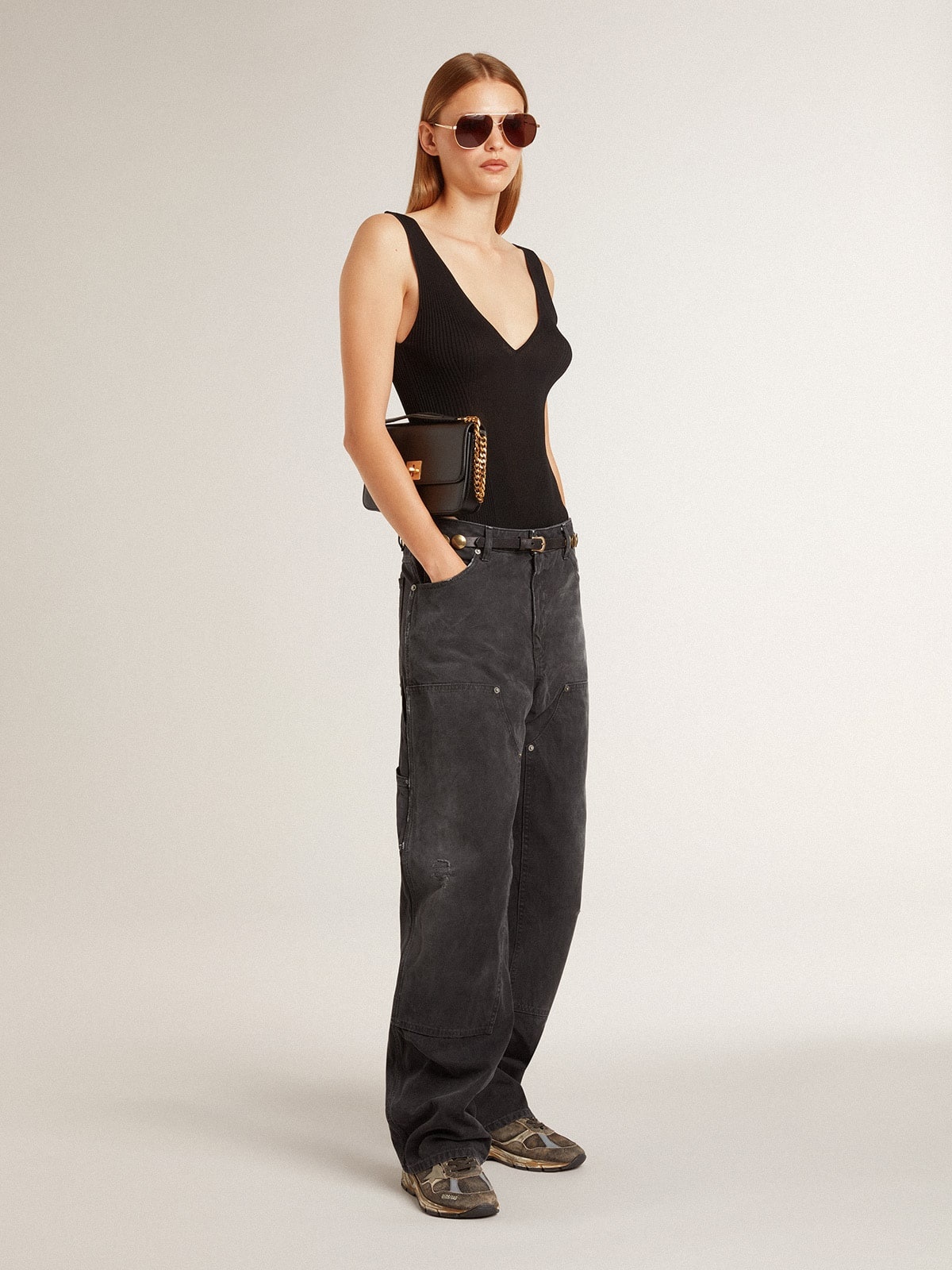 Women's distressed black cotton jeans with front patches - 6