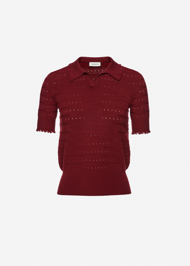 Polo knit top with frill details in burgundy 1