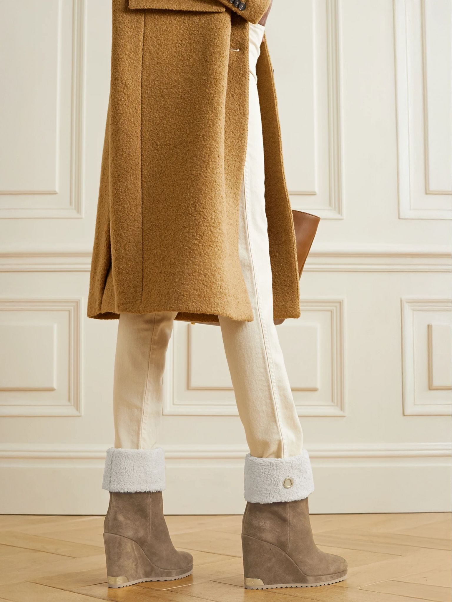 W Short shearling-lined suede wedge ankle boots Tan - 2