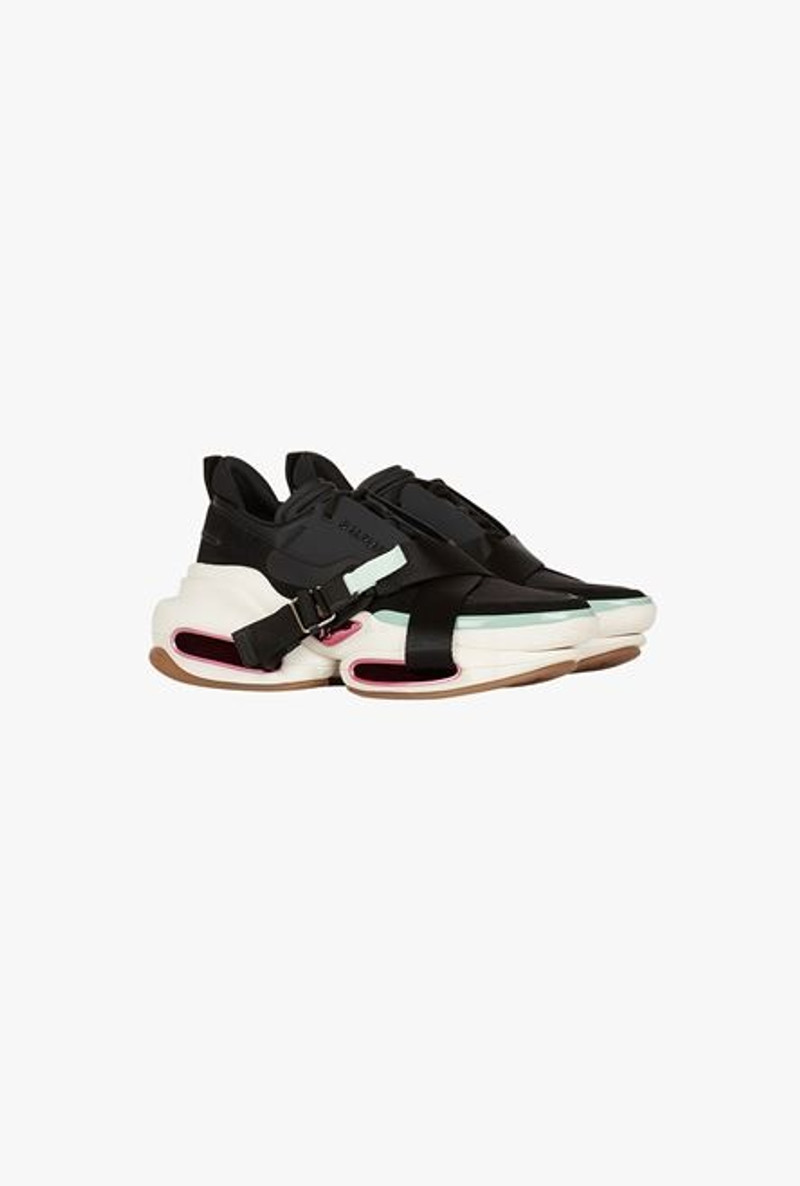 Balmain Black leather, suede and nylon B-Bold low-top sneakers with straps outlook