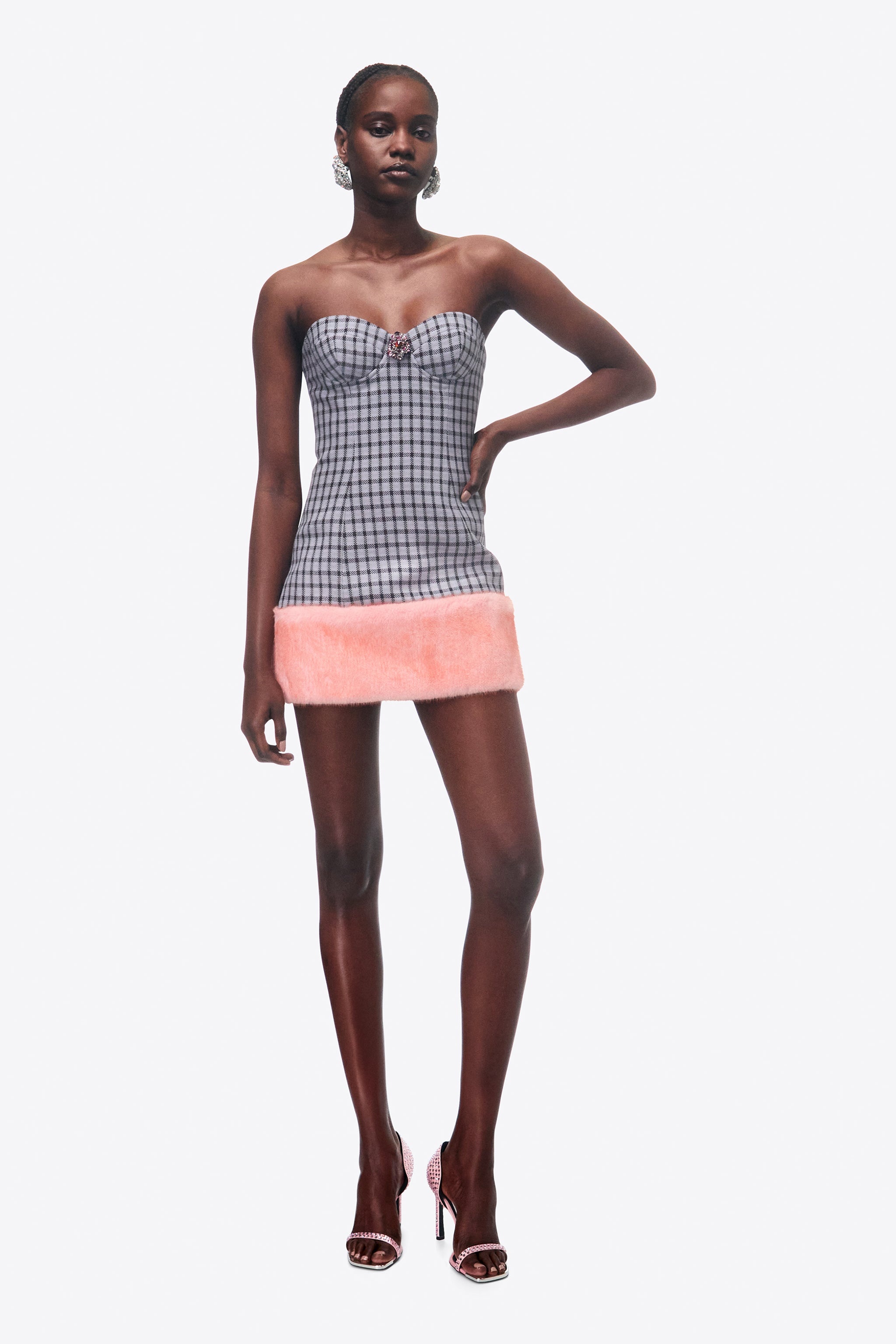 FAUX FUR TRIM STRAPLESS MINI DRESS - 4