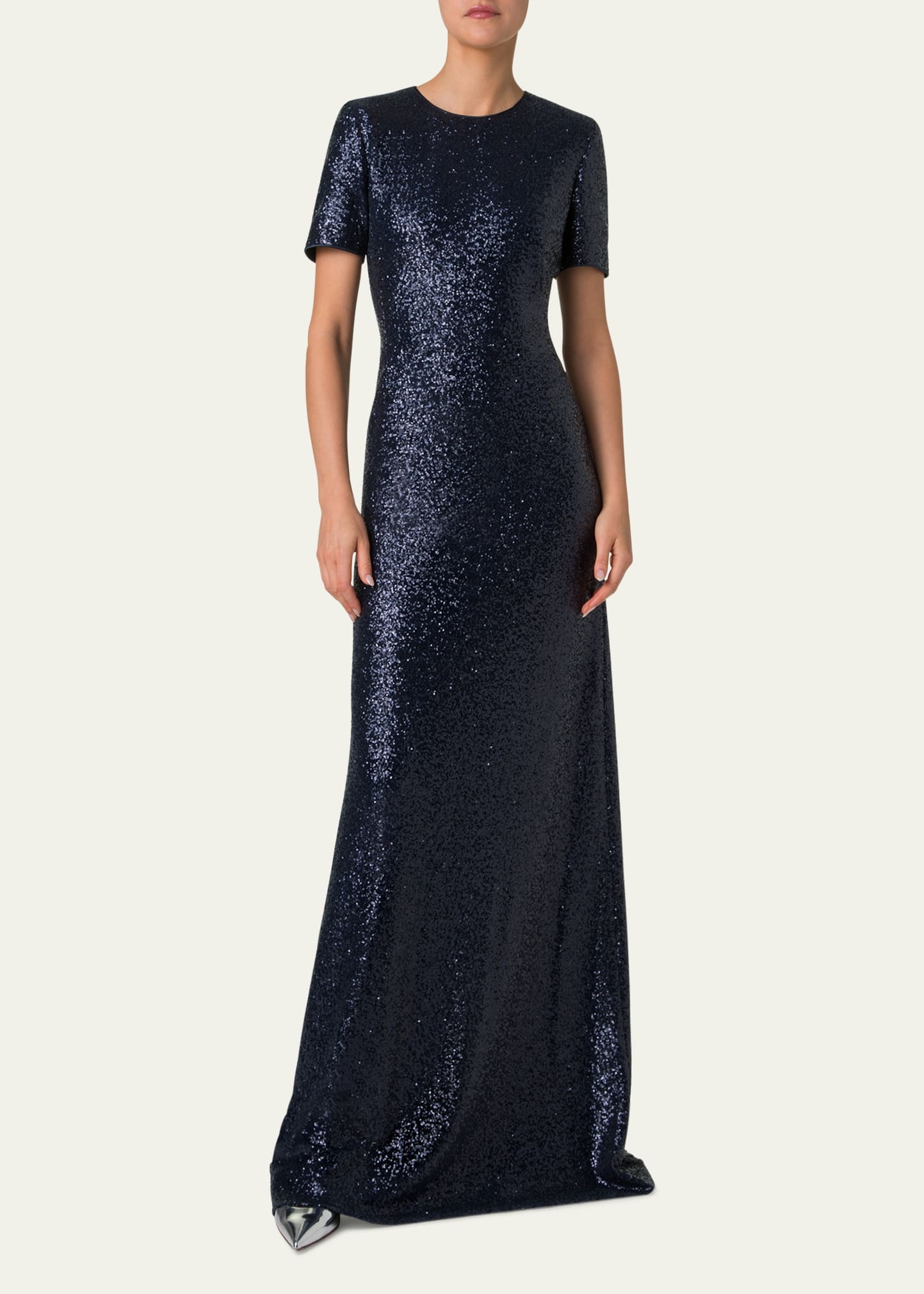 Short-Sleeve Stretch Paillette Jersey Gown - 2