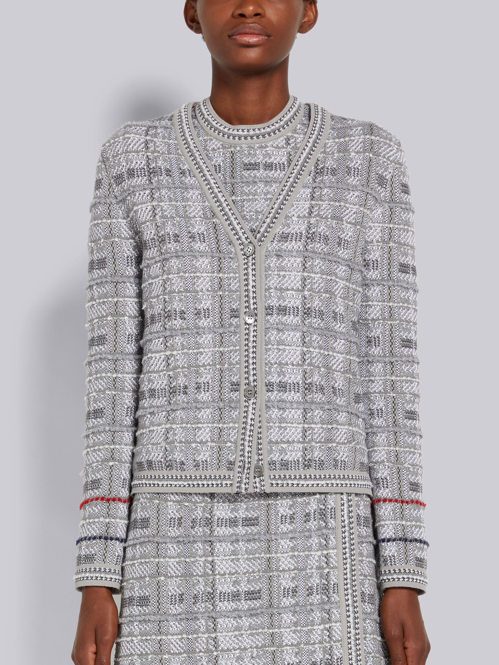 Tonal Grey Hairline Madras Check Jacquard Stripe Inlay V-Neck Cardigan - 1